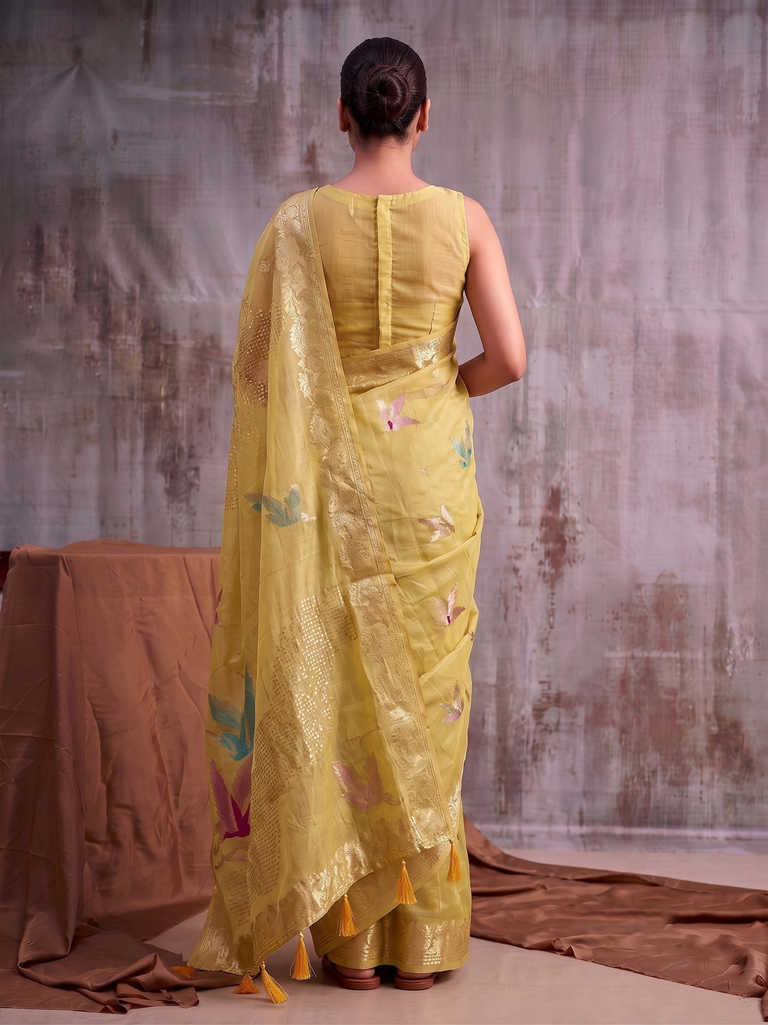 Mustard Bird Motif Linen Cotton Saree — alternate view