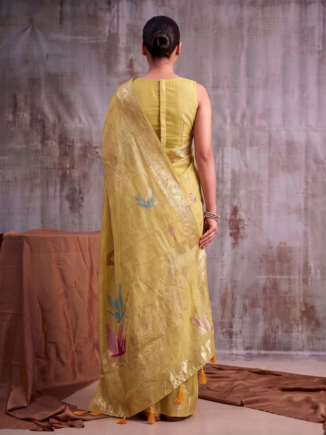 Mustard Bird Motif Linen Cotton Saree