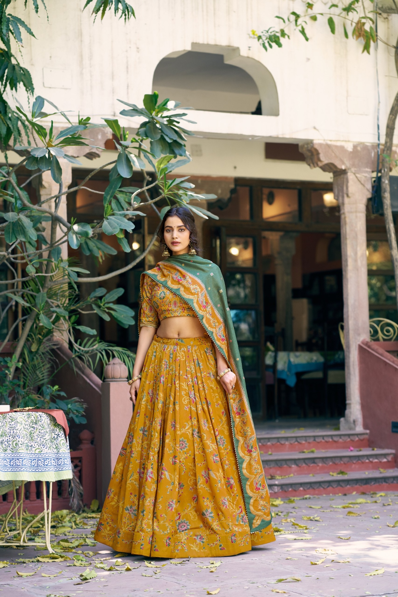 Mustard Botanical Jaal Foil Tussar Silk Lehenga Choli