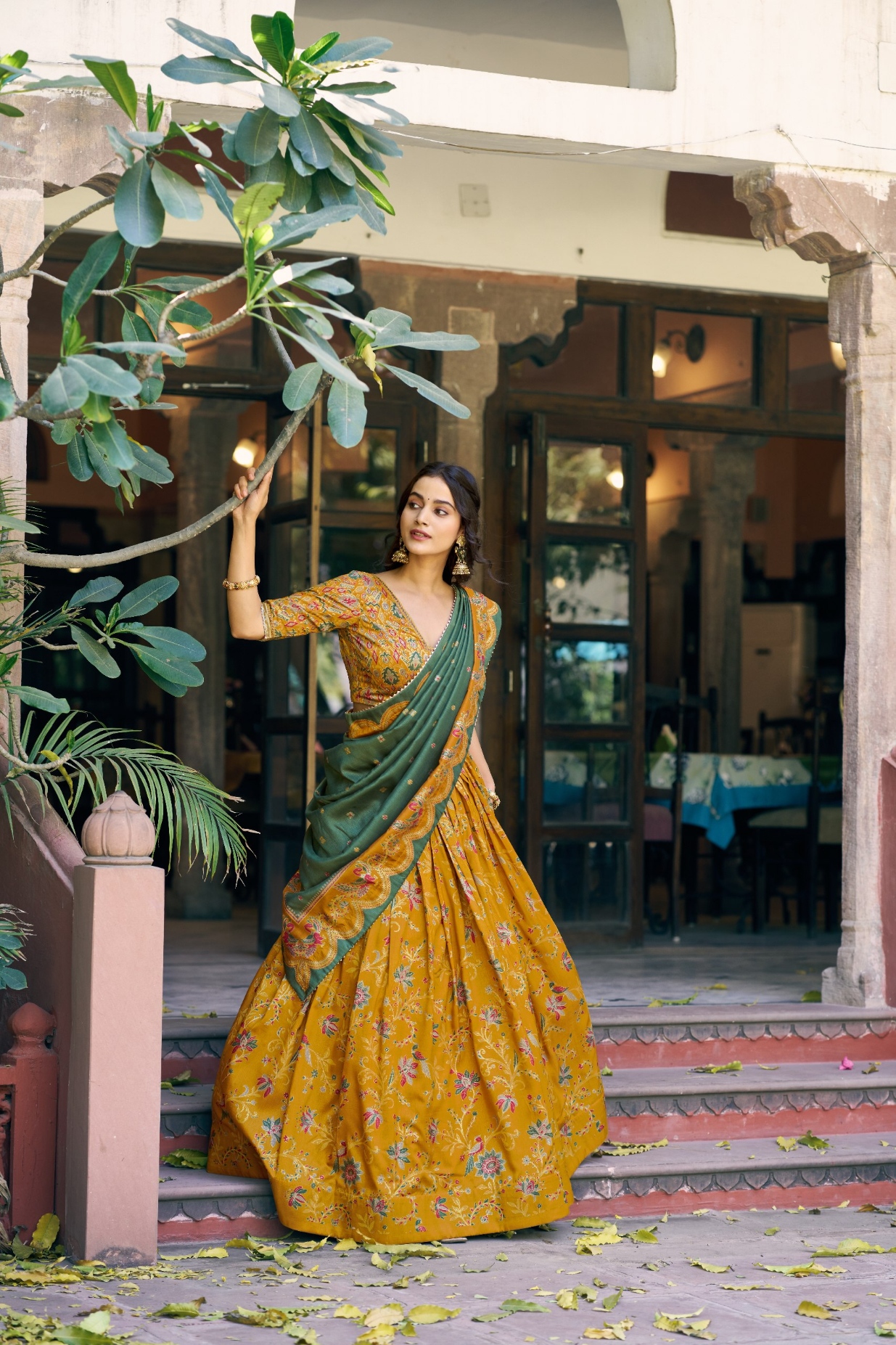 Mustard Botanical Jaal Foil Tussar Silk Lehenga Choli — alternate view
