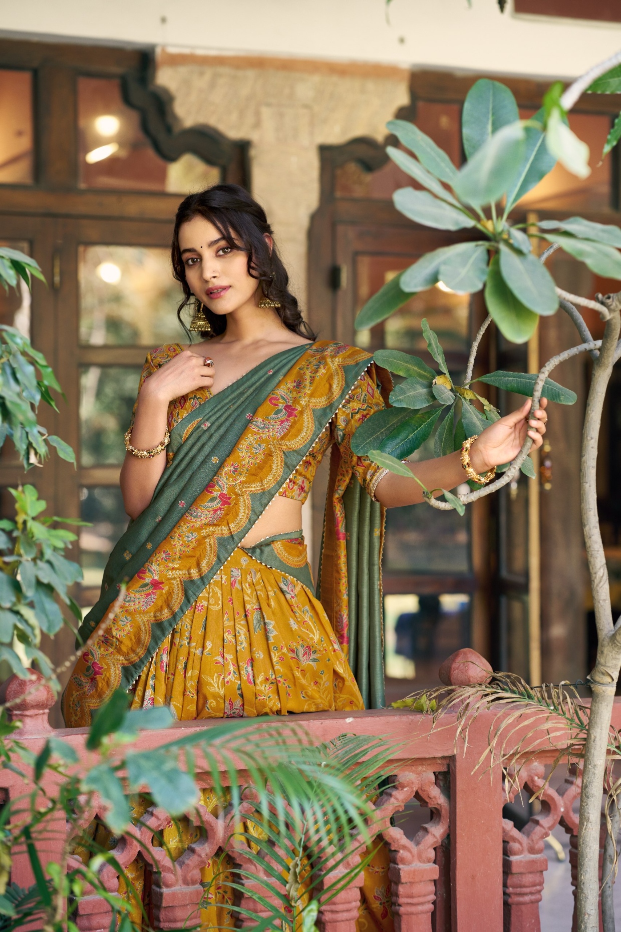 Mustard Botanical Jaal Foil Tussar Silk Lehenga Choli