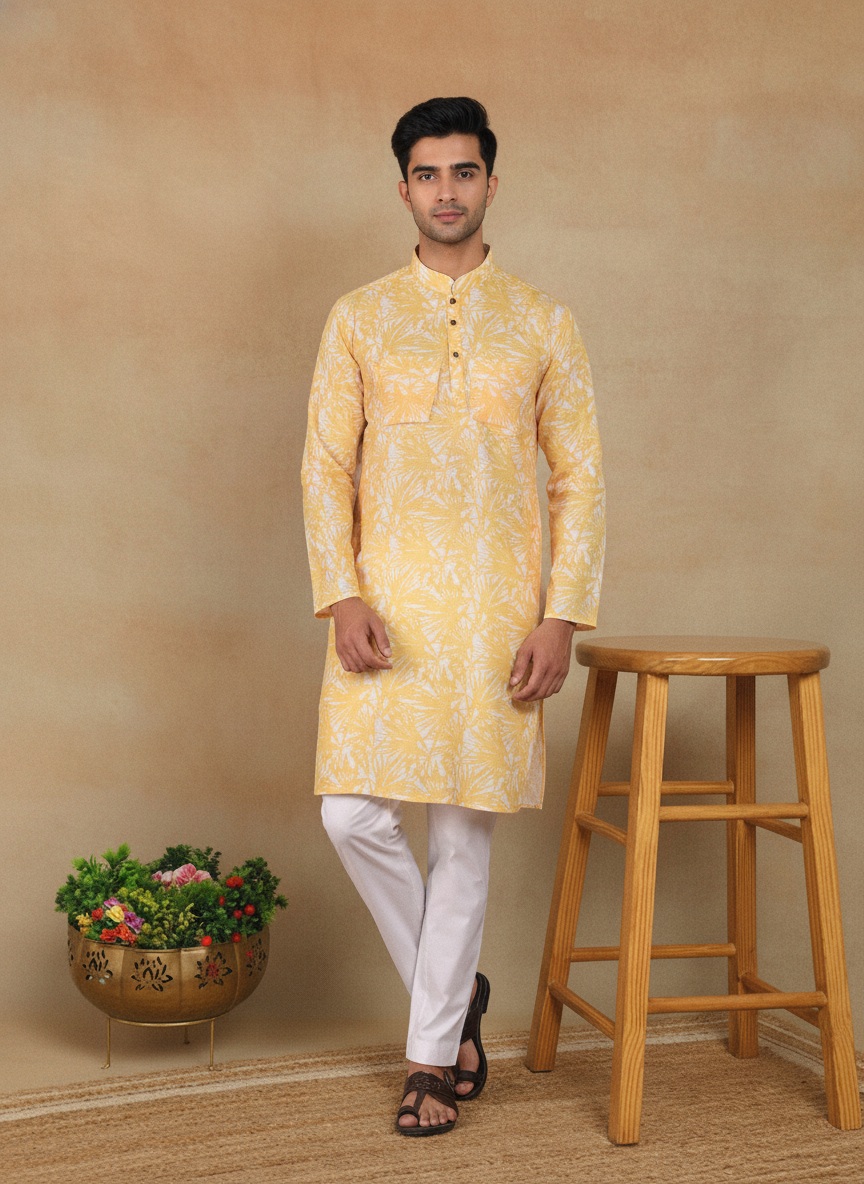 Mustard Botanical Printed Linen Kurta Pyjama