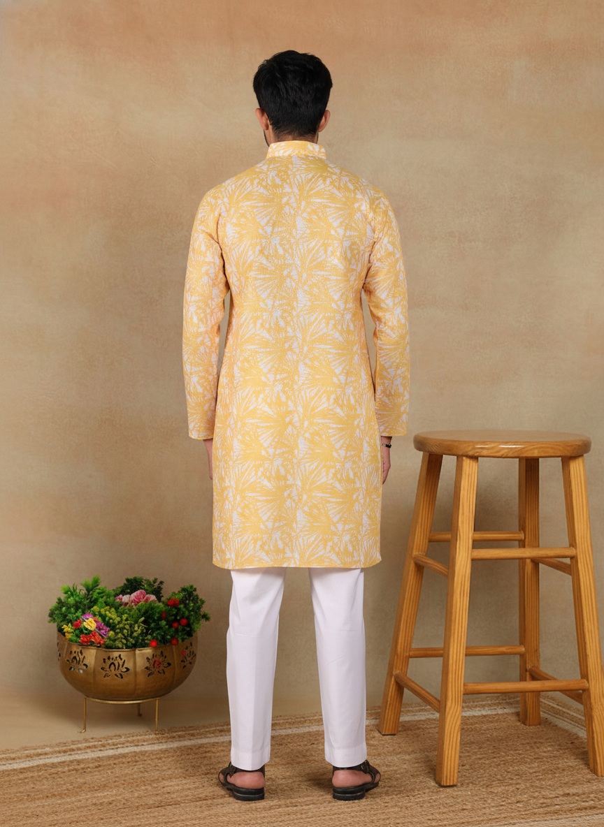 Mustard Botanical Printed Linen Kurta Pyjama — alternate view