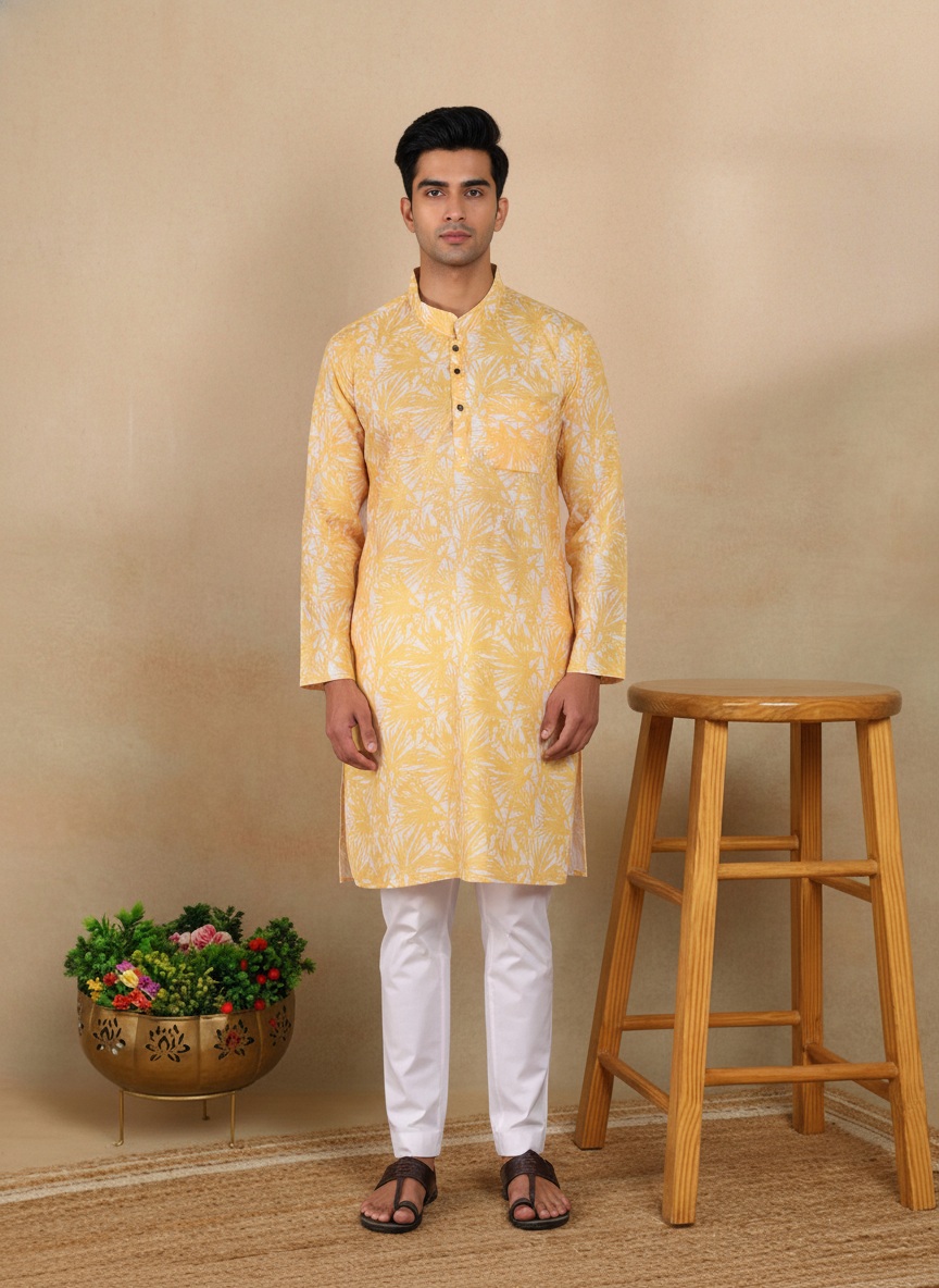 Mustard Botanical Printed Linen Kurta Pyjama