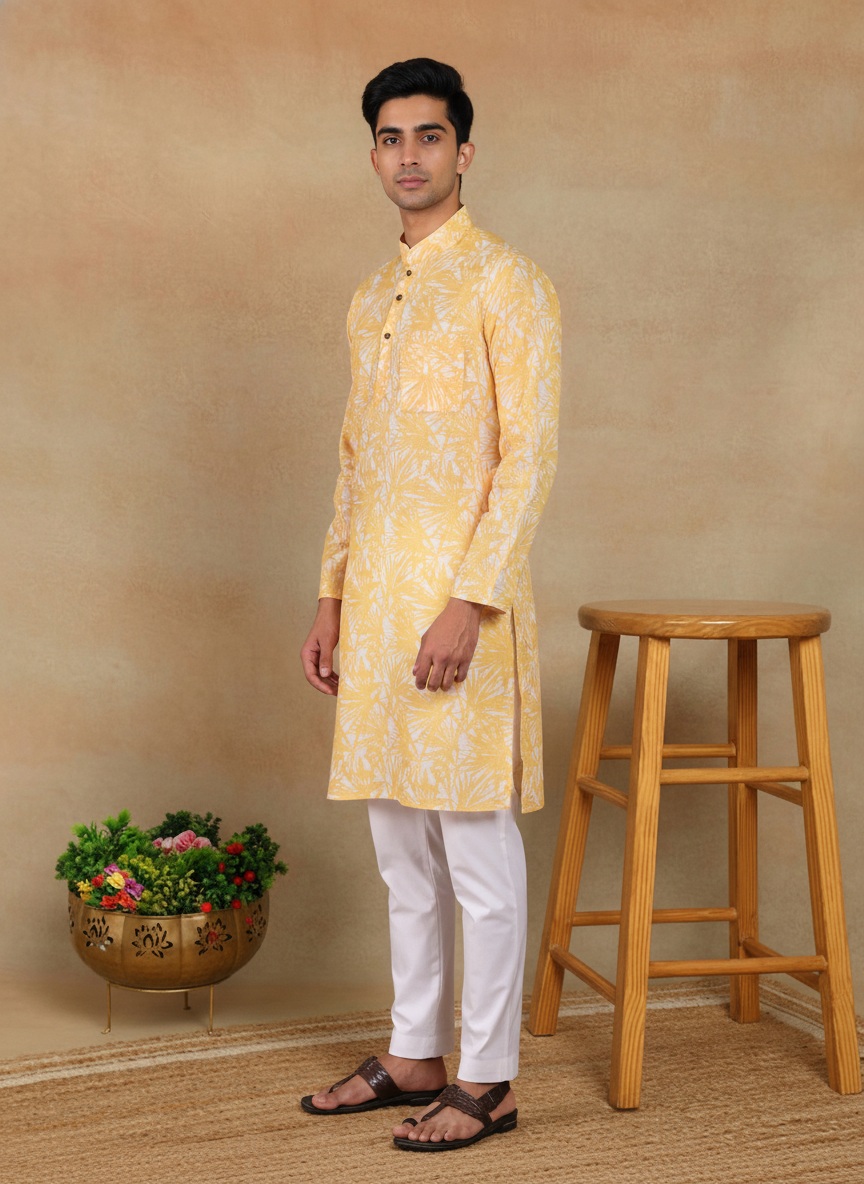 Mustard Botanical Printed Linen Kurta Pyjama
