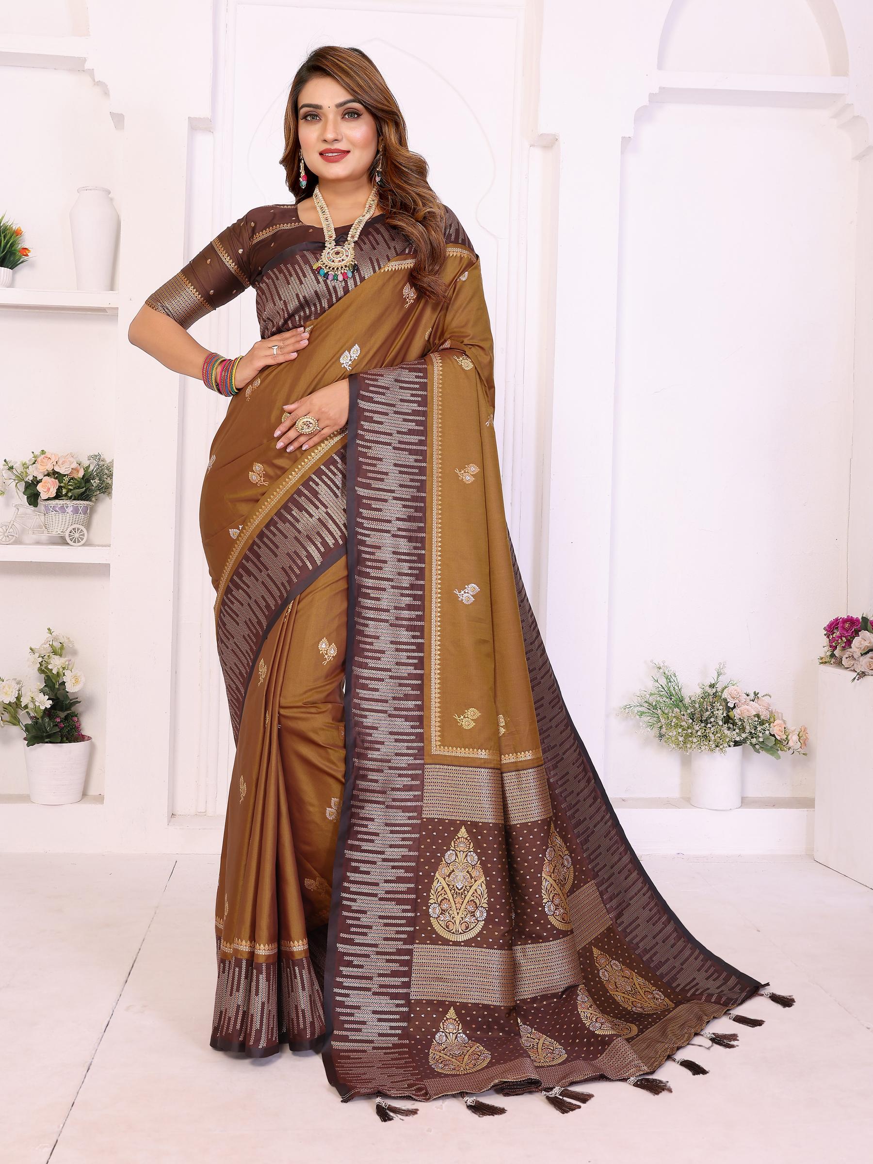 Mustard Brown Designer Soft Silk Saree