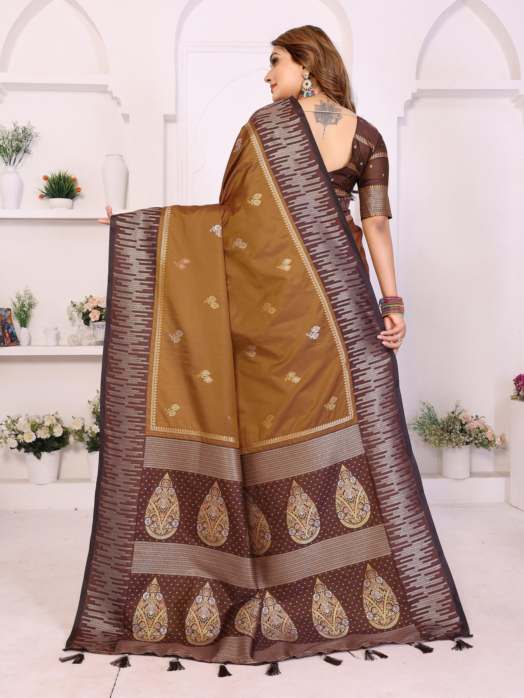 Mustard Brown Designer Soft Silk Saree — alternate view