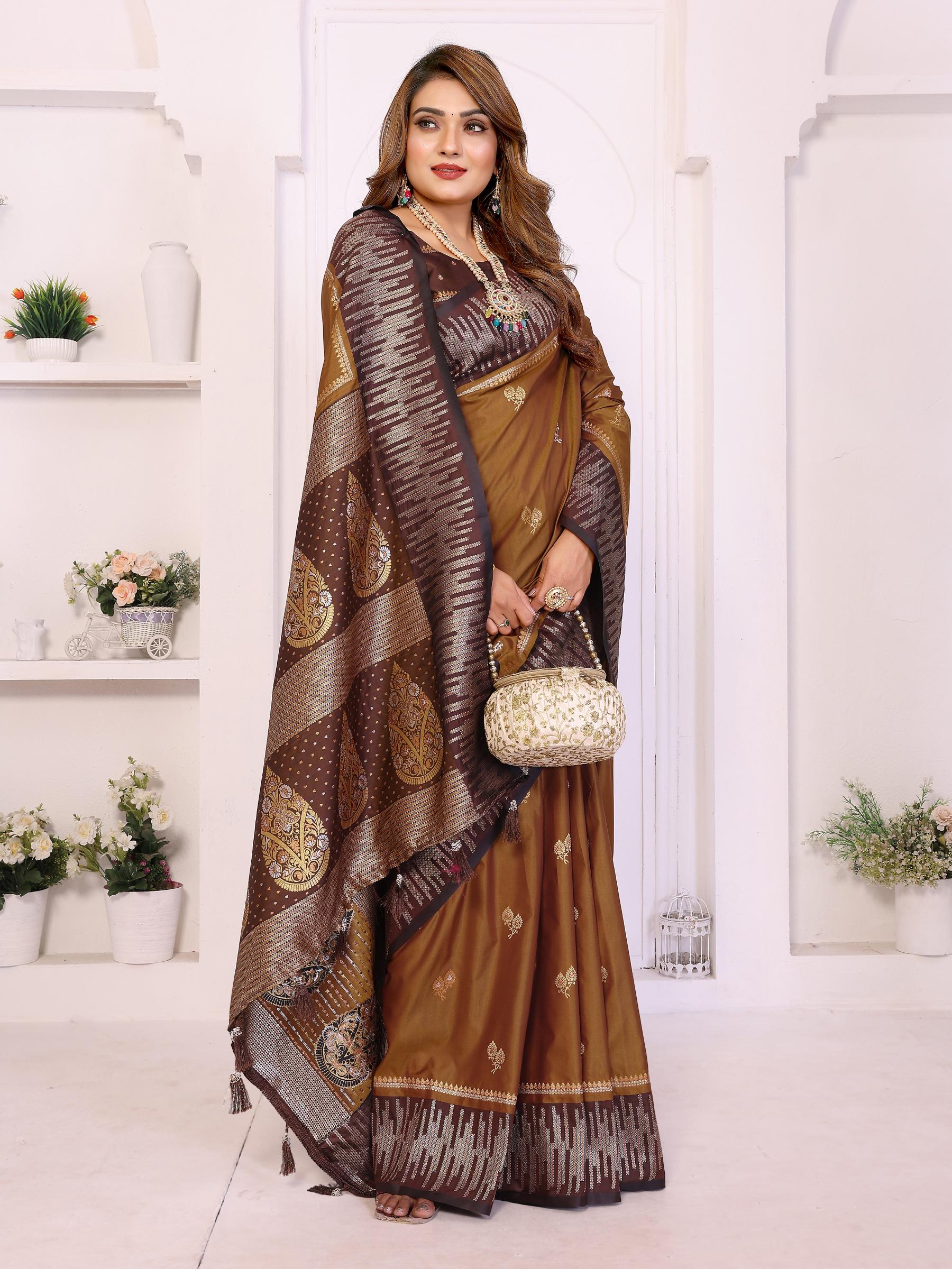 Mustard Brown Designer Soft Silk Saree