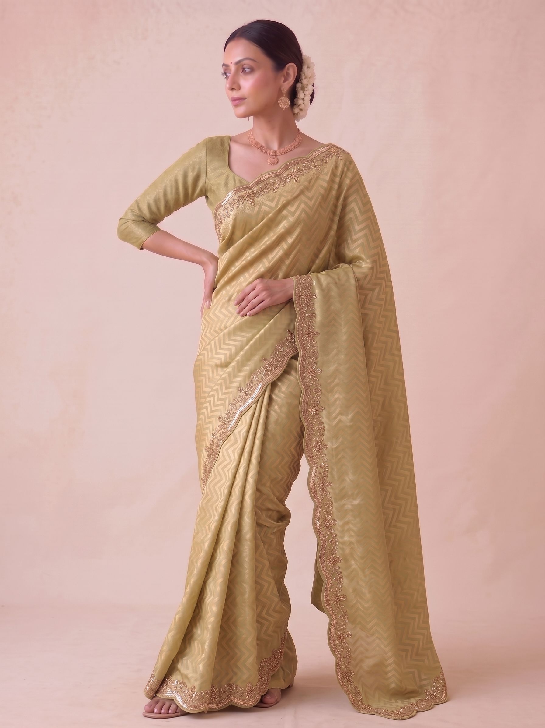 Mustard Chevron Hand Work Banarasi Silk Saree