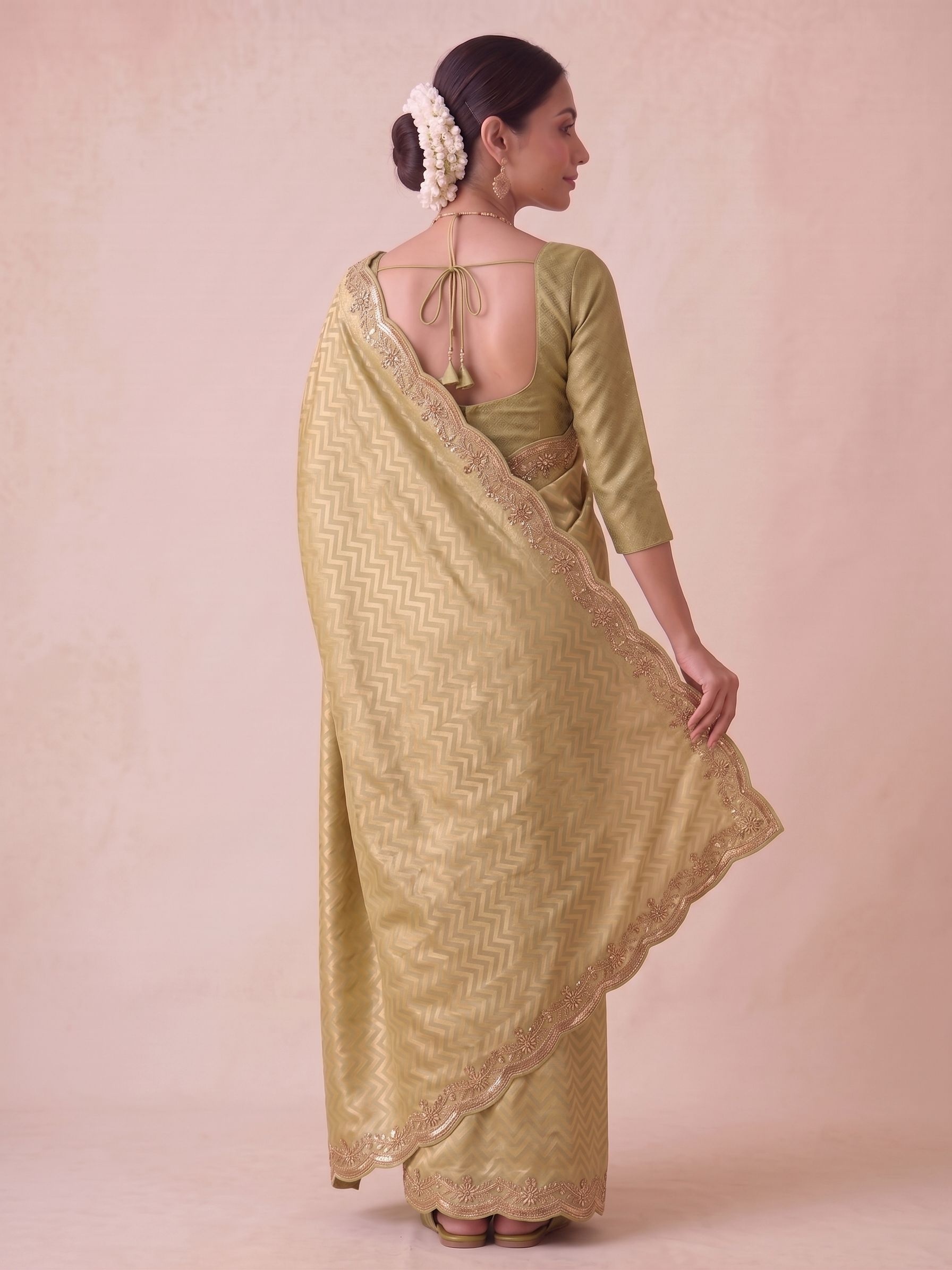 Mustard Chevron Hand Work Banarasi Silk Saree — alternate view