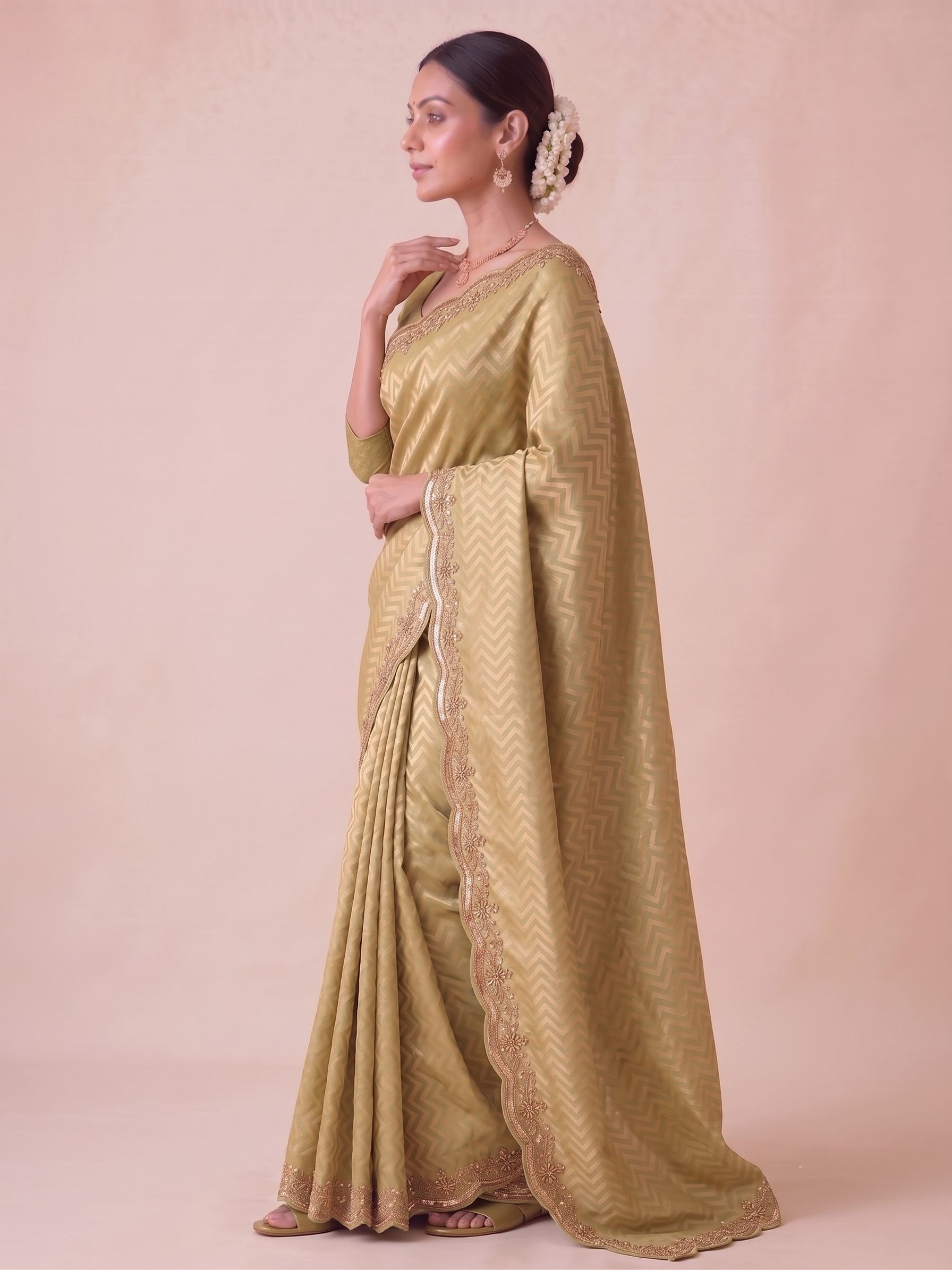 Mustard Chevron Hand Work Banarasi Silk Saree