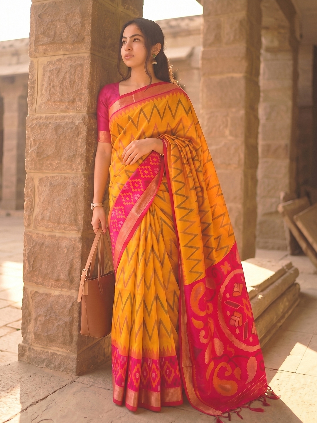 Mustard Chevron Woven Soft Silk Saree