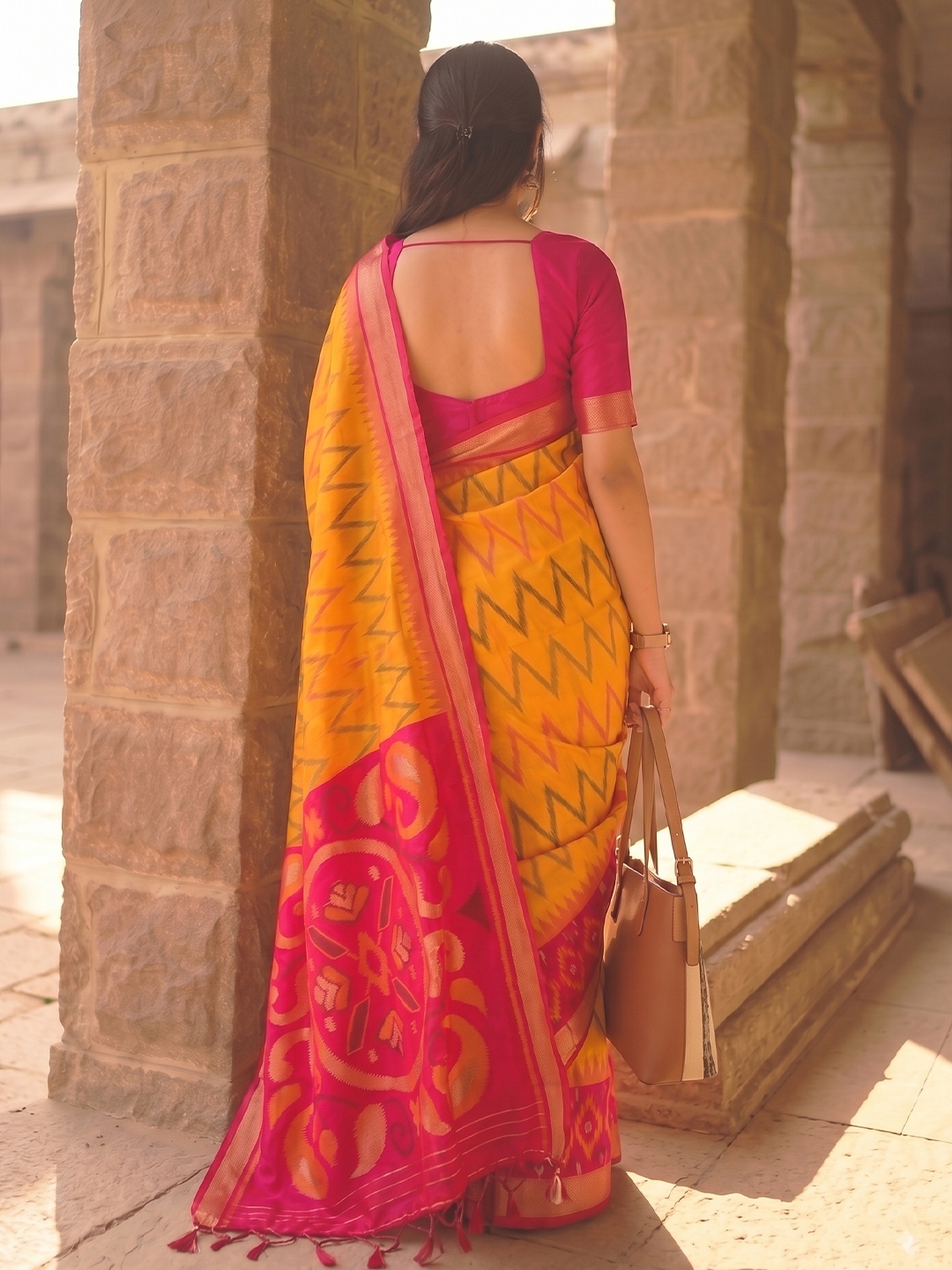 Mustard Chevron Woven Soft Silk Saree — alternate view