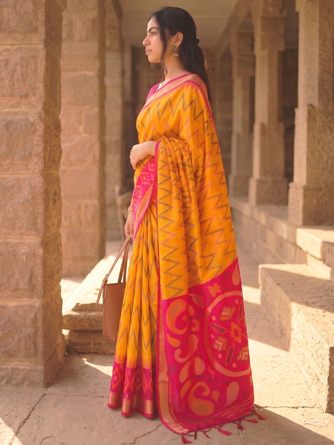 Mustard Chevron Woven Soft Silk Saree