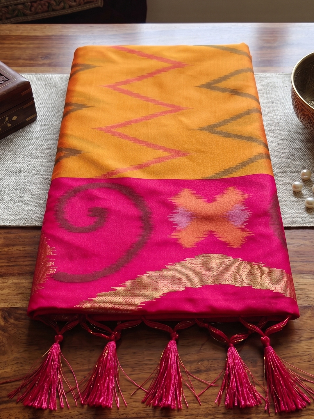 Mustard Chevron Woven Soft Silk Saree