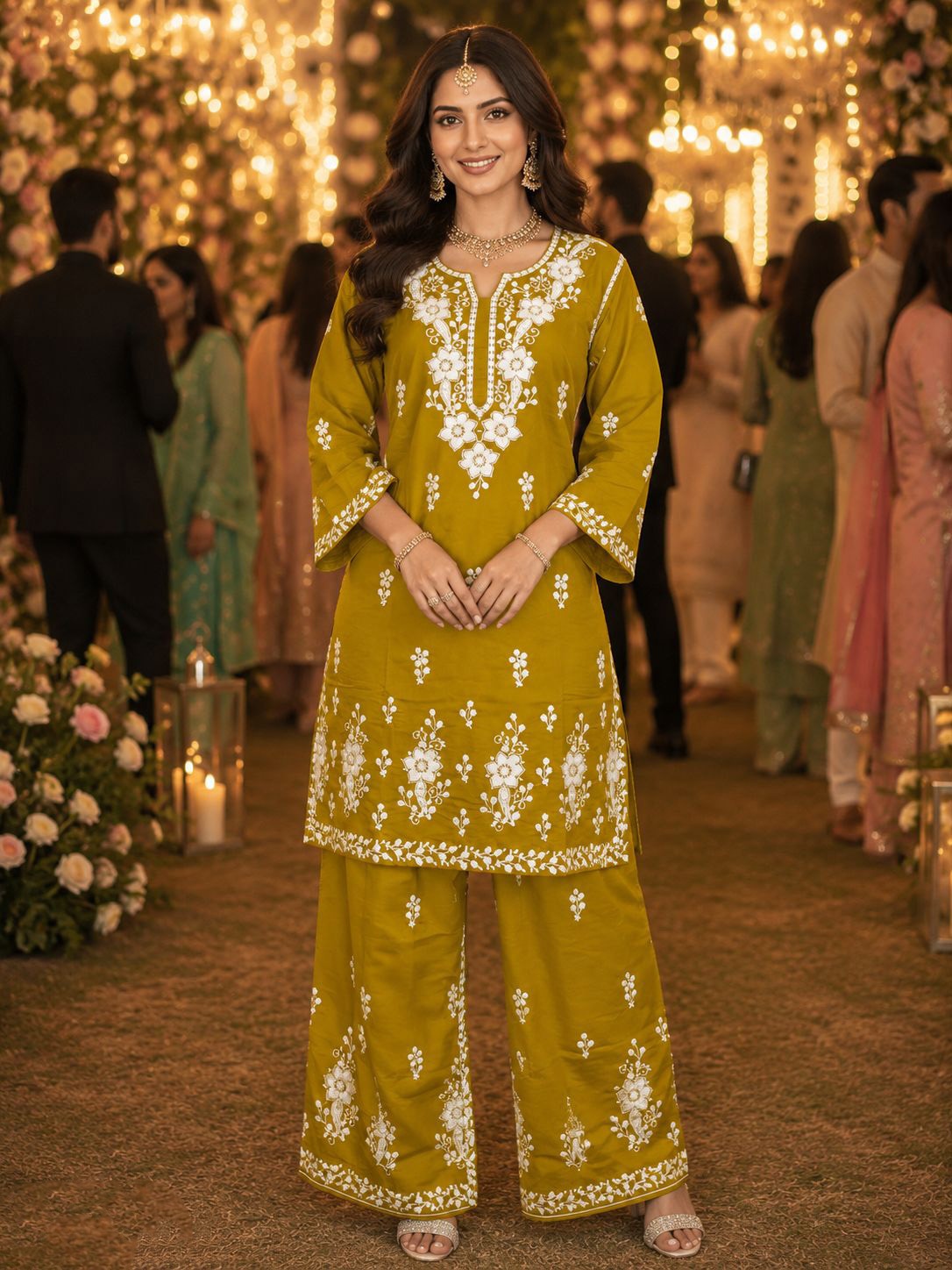 Mustard Chikankari Chanderi Kurta Set