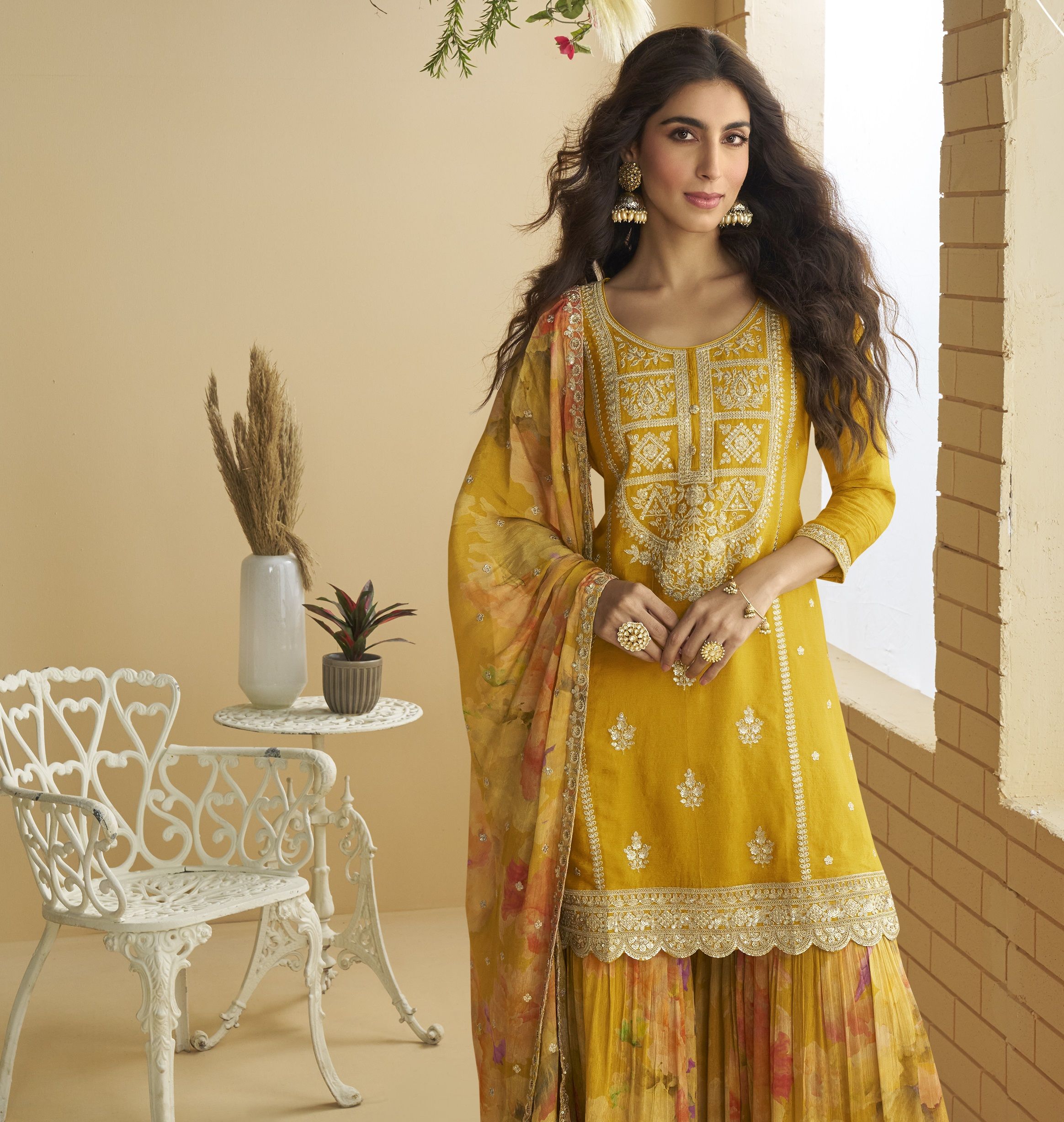 Mustard Chinon Embroidered Palazzo Suit — alternate view