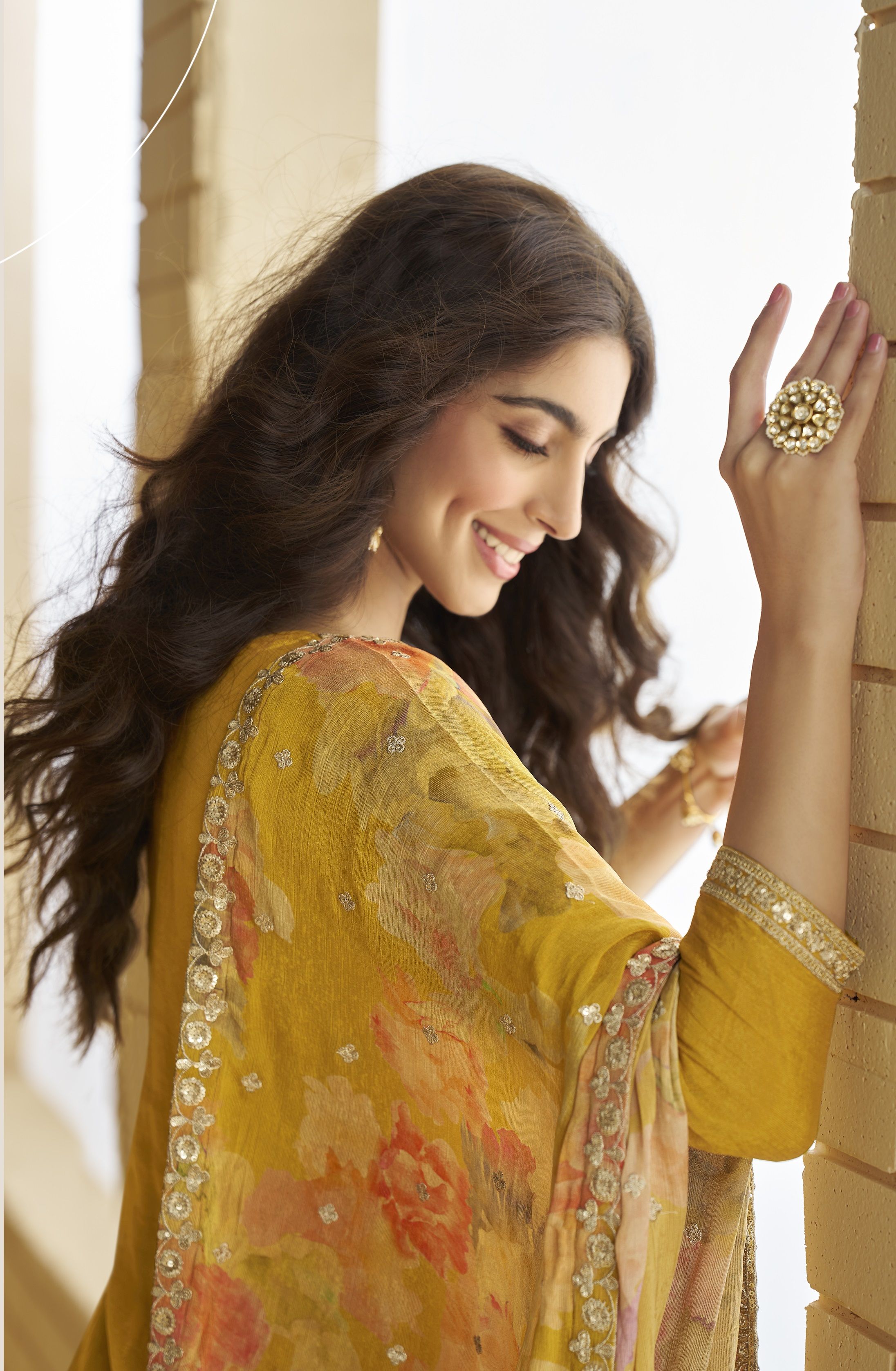 Mustard Chinon Embroidered Palazzo Suit
