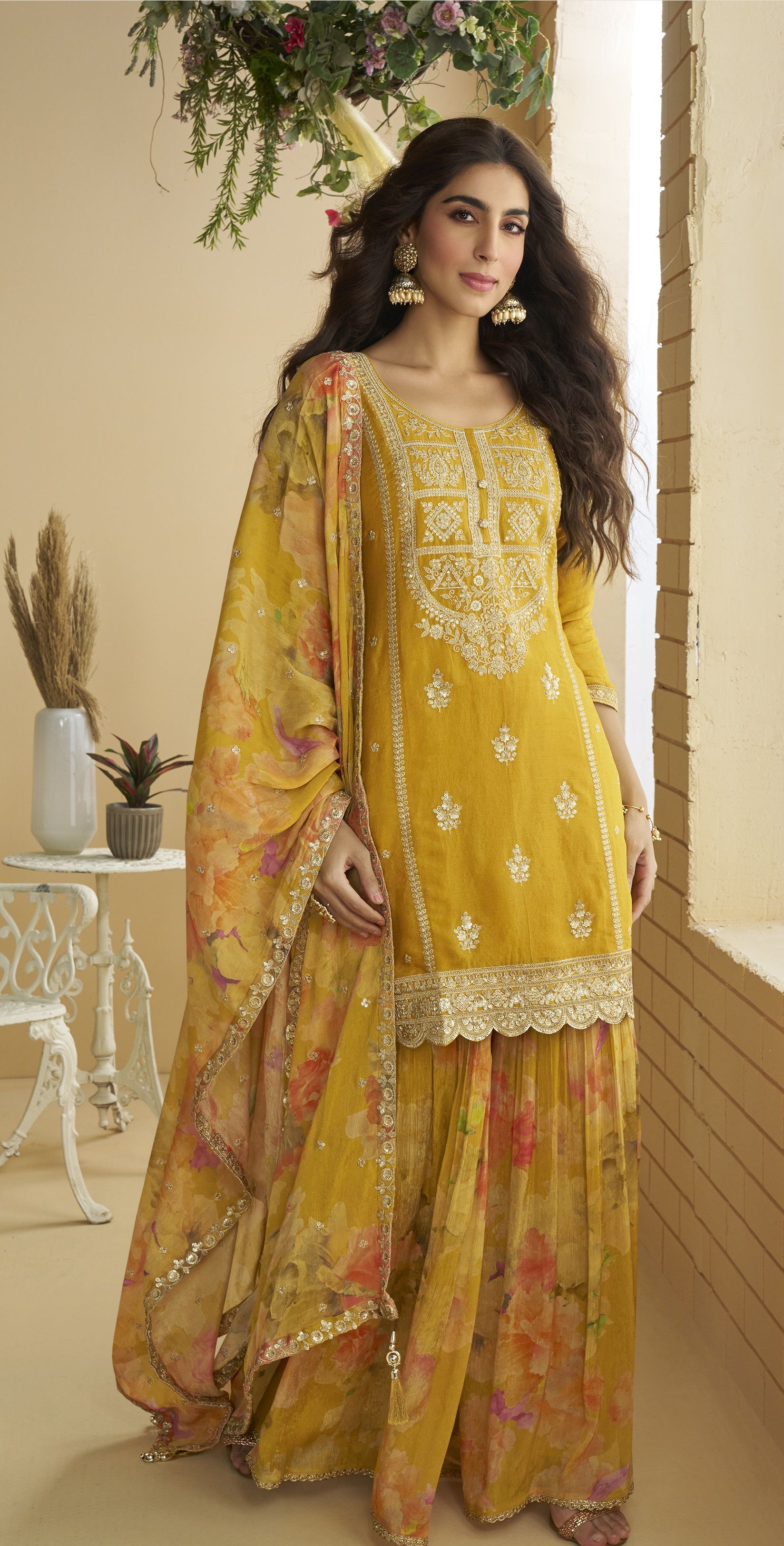 Mustard Chinon Embroidered Palazzo Suit
