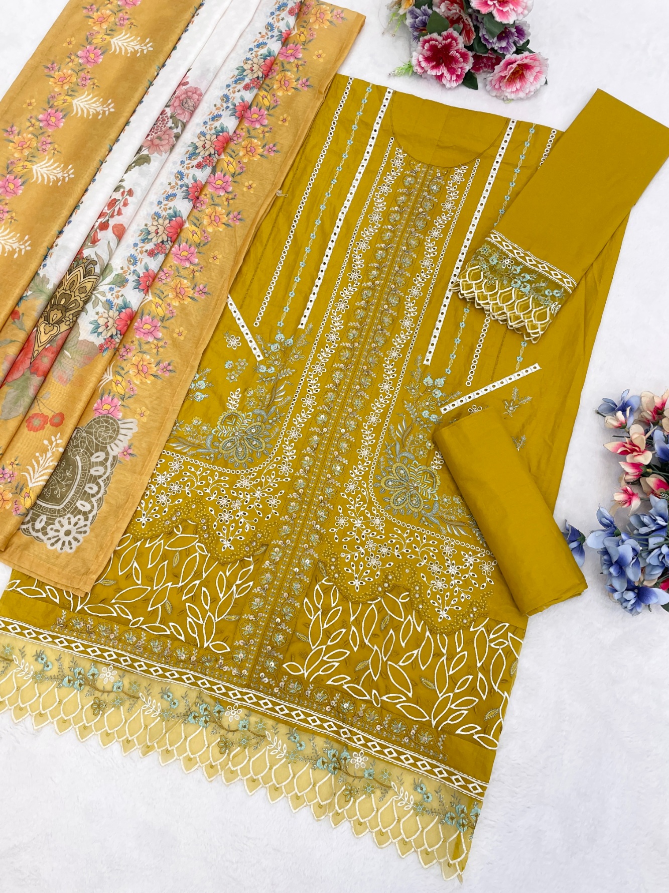 Mustard Cotton Floral Threadwork Salwar Suit