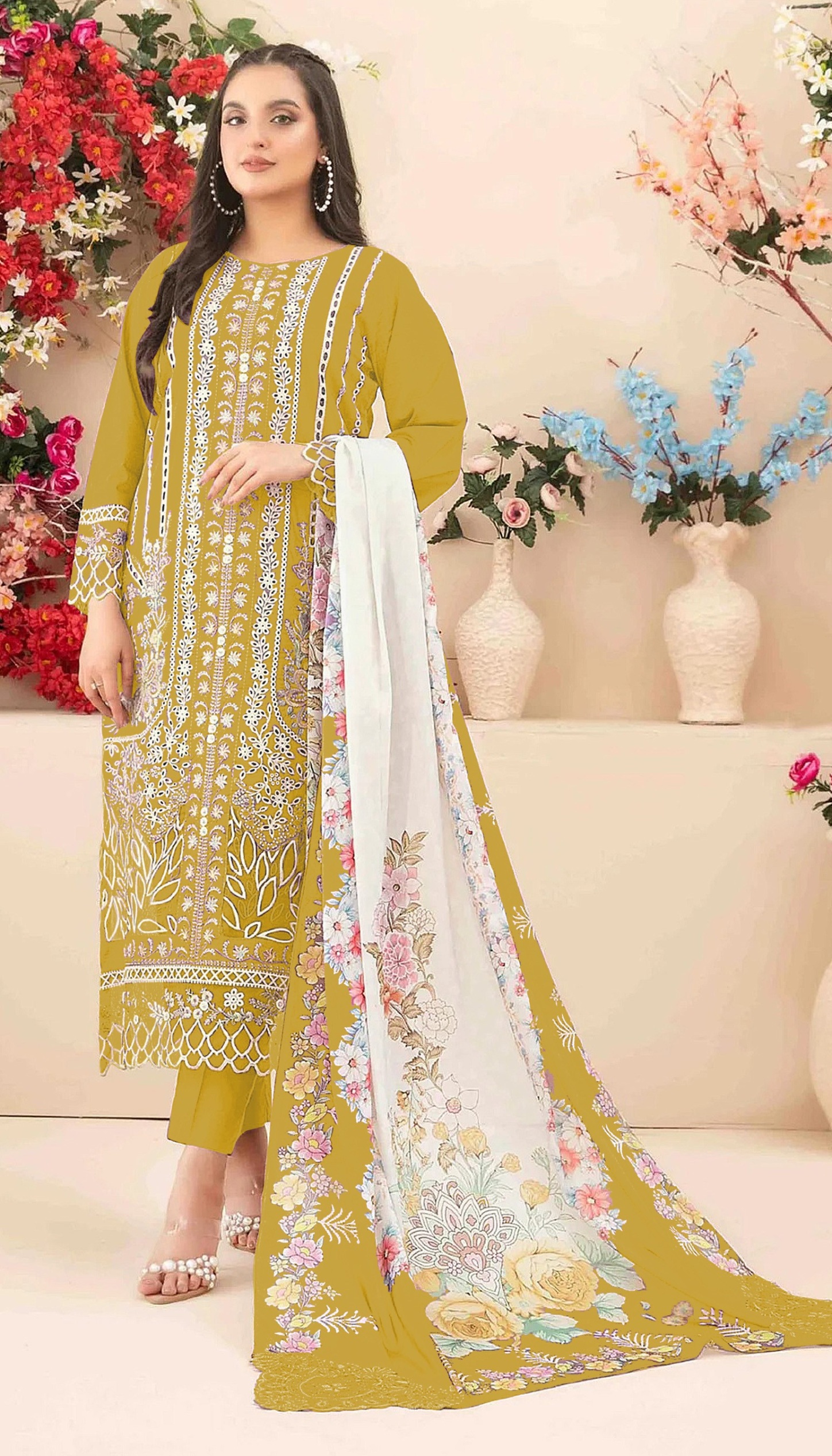 Mustard Cotton Floral Threadwork Salwar Suit