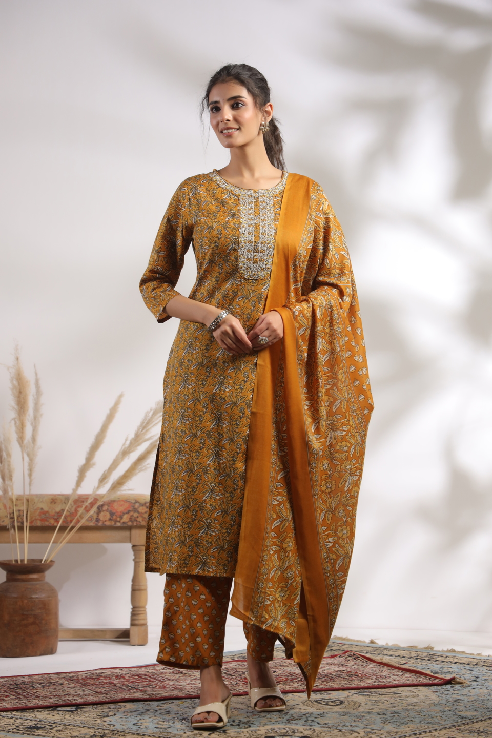 Mustard Cotton Printed Embroidered Salwar Suit