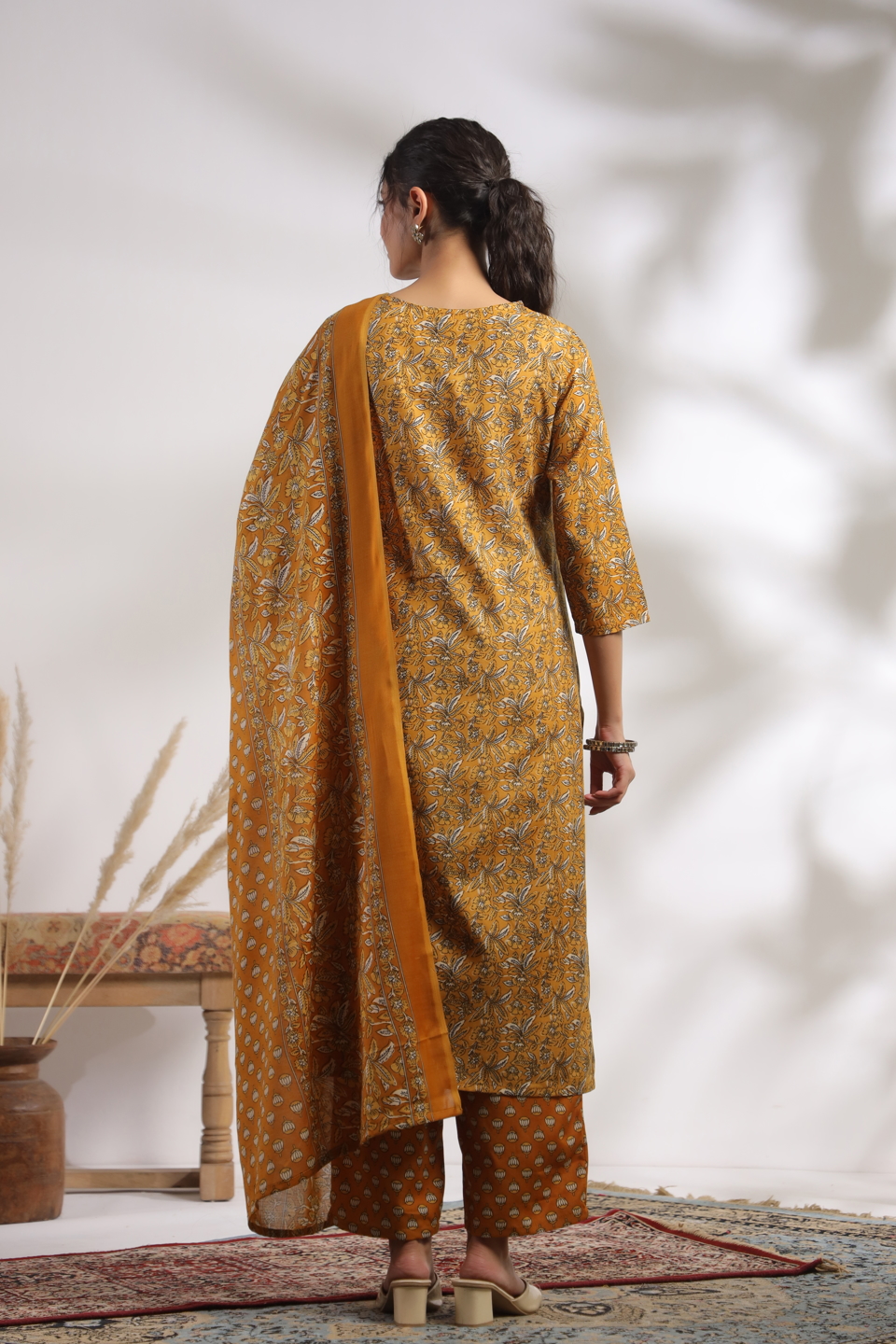 Mustard Cotton Printed Embroidered Salwar Suit — alternate view