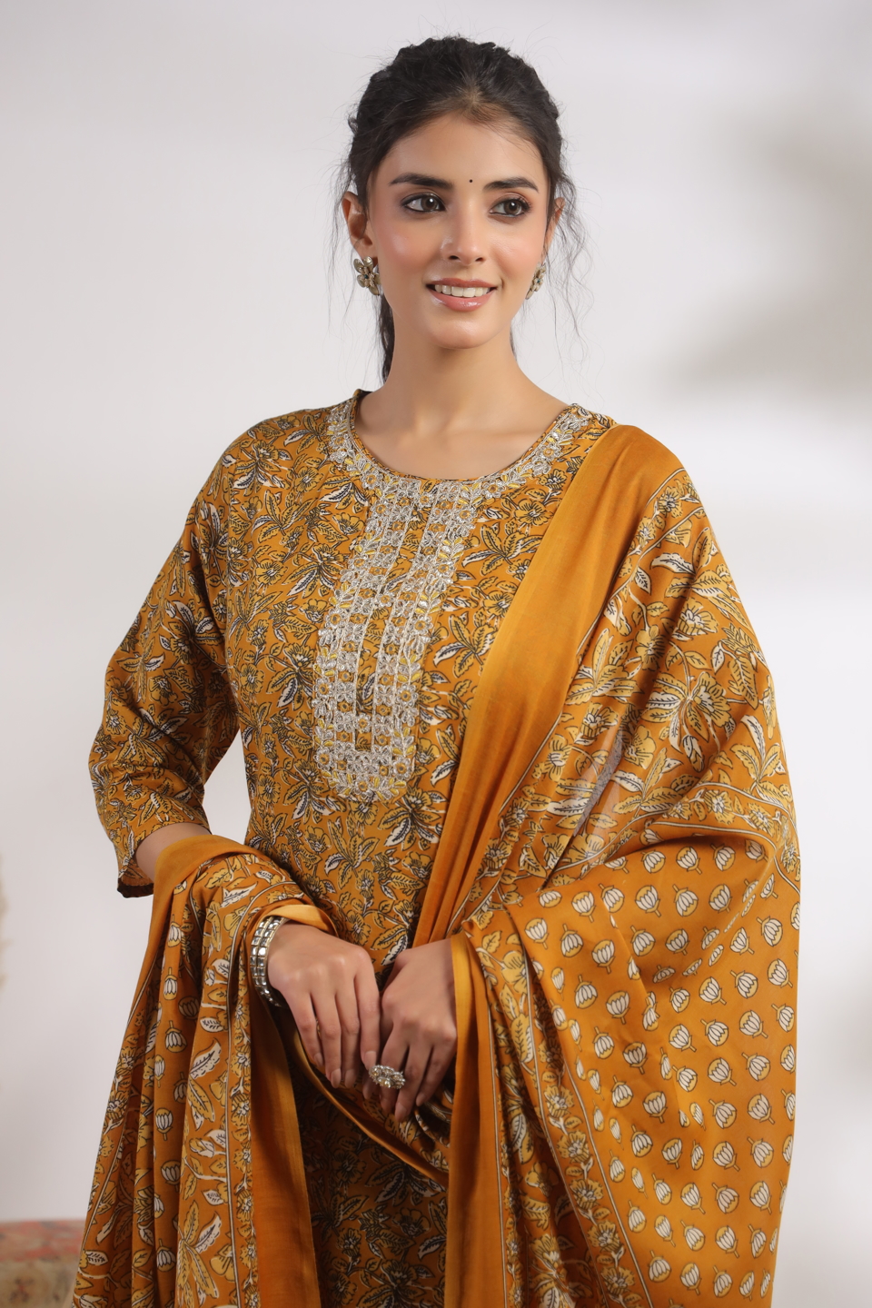 Mustard Cotton Printed Embroidered Salwar Suit