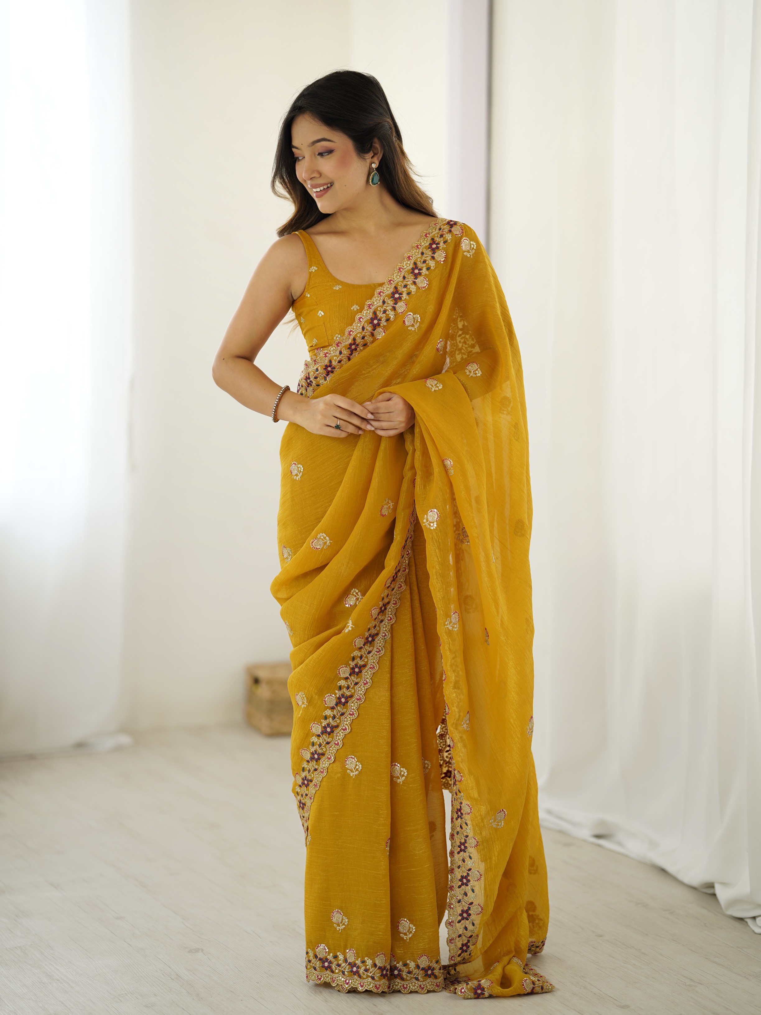 Mustard Crunchy Sequin Embroidered Saree