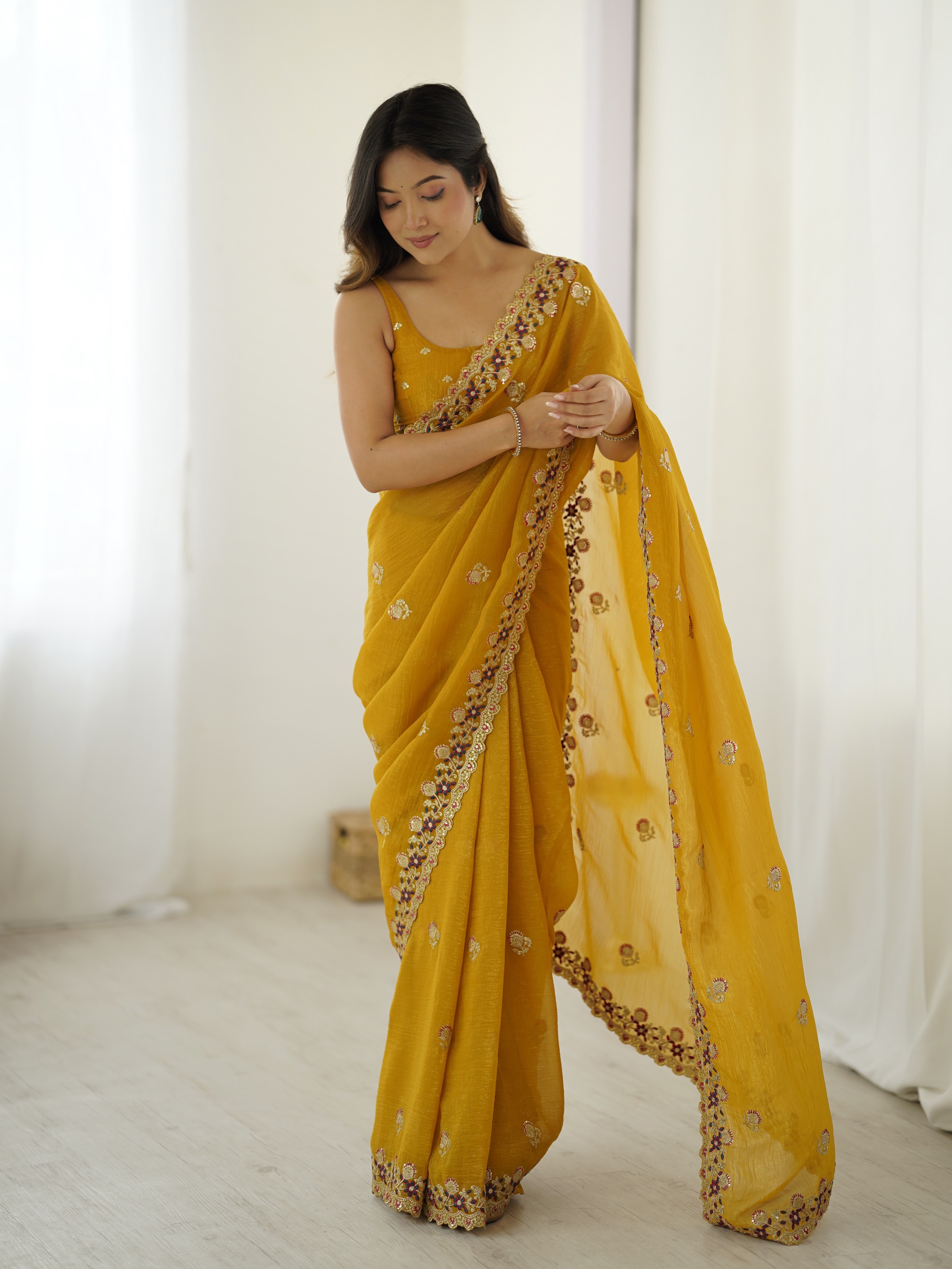 Mustard Crunchy Sequin Embroidered Saree — alternate view