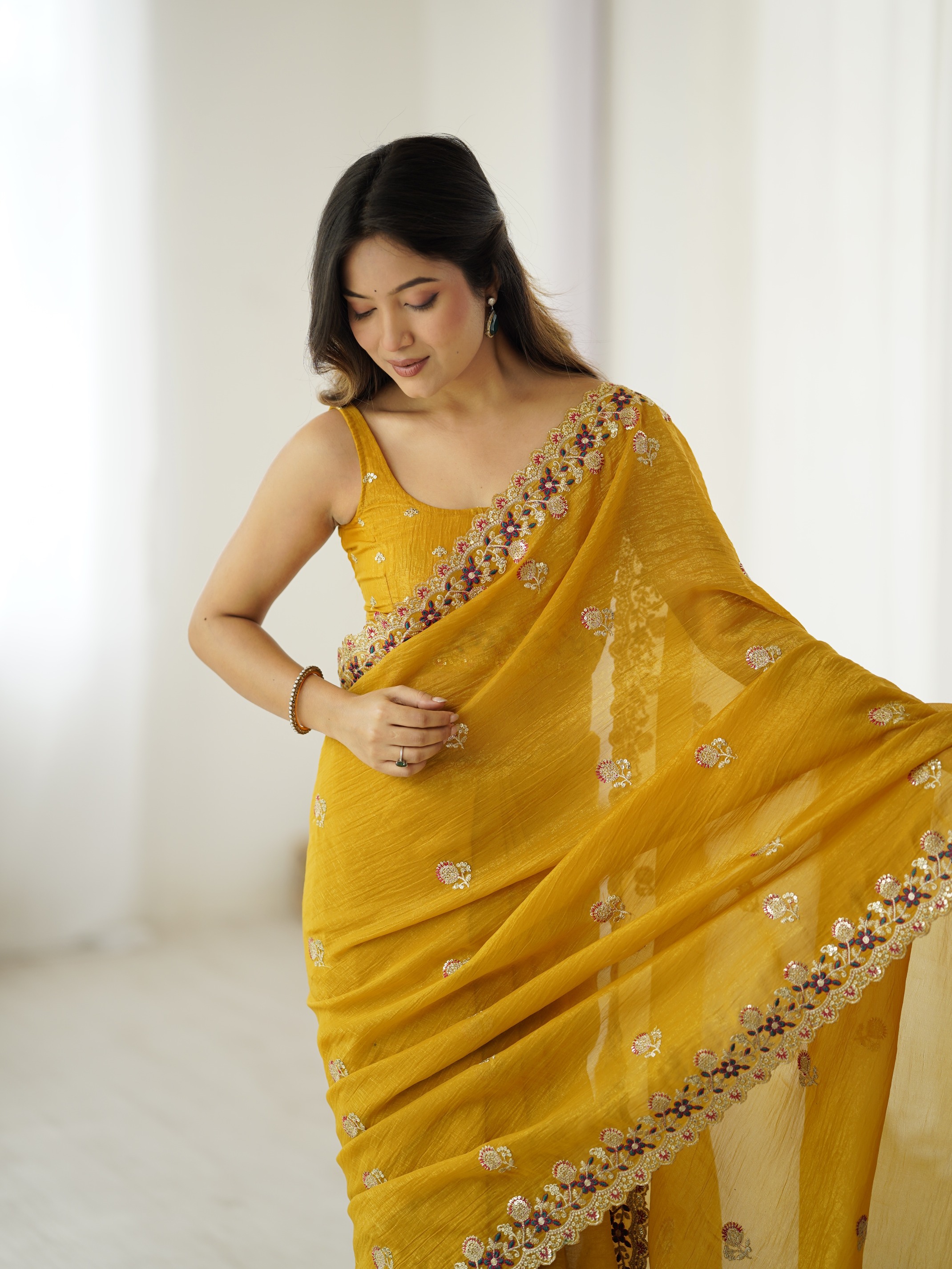 Mustard Crunchy Sequin Embroidered Saree