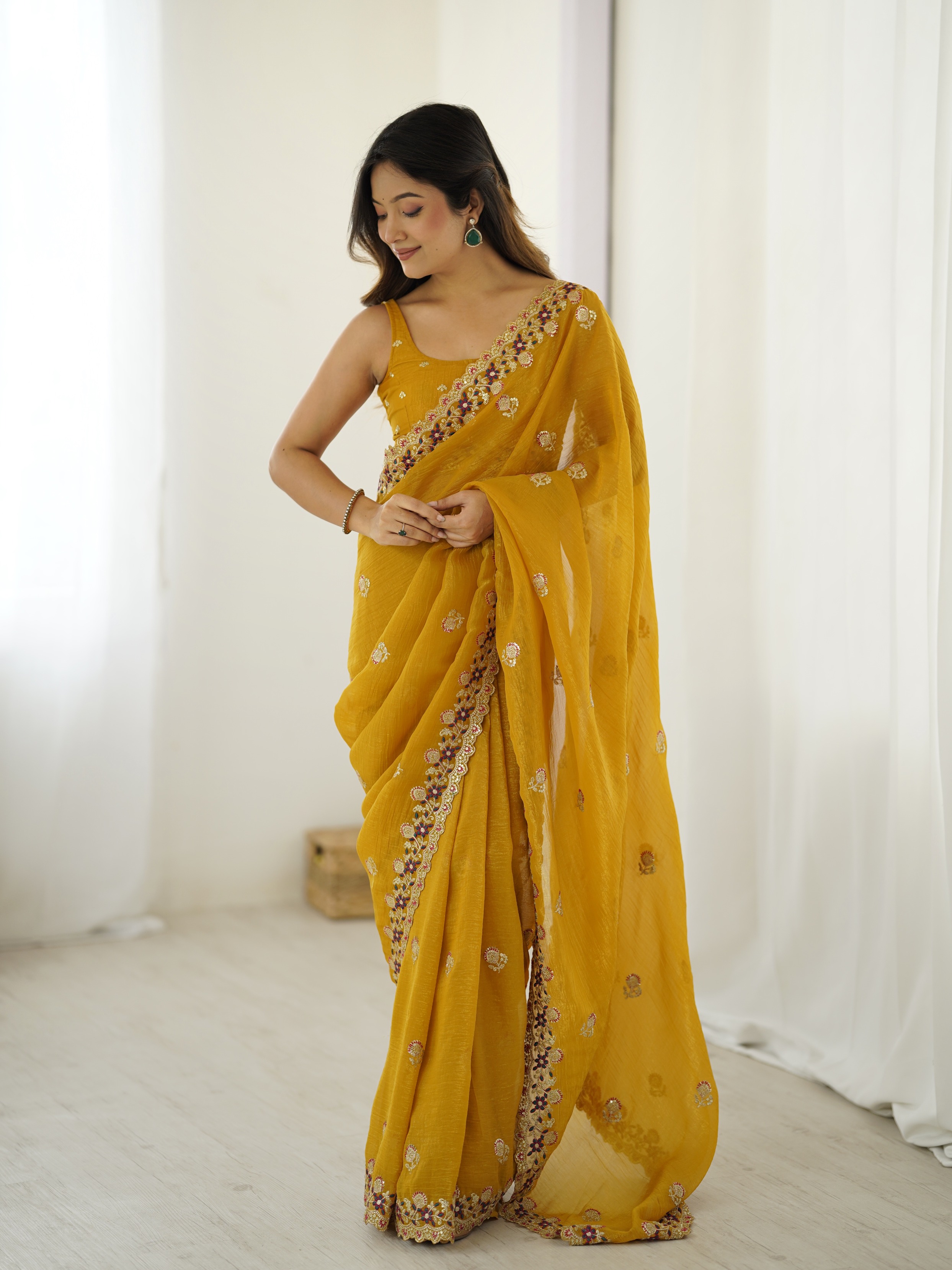 Mustard Crunchy Sequin Embroidered Saree
