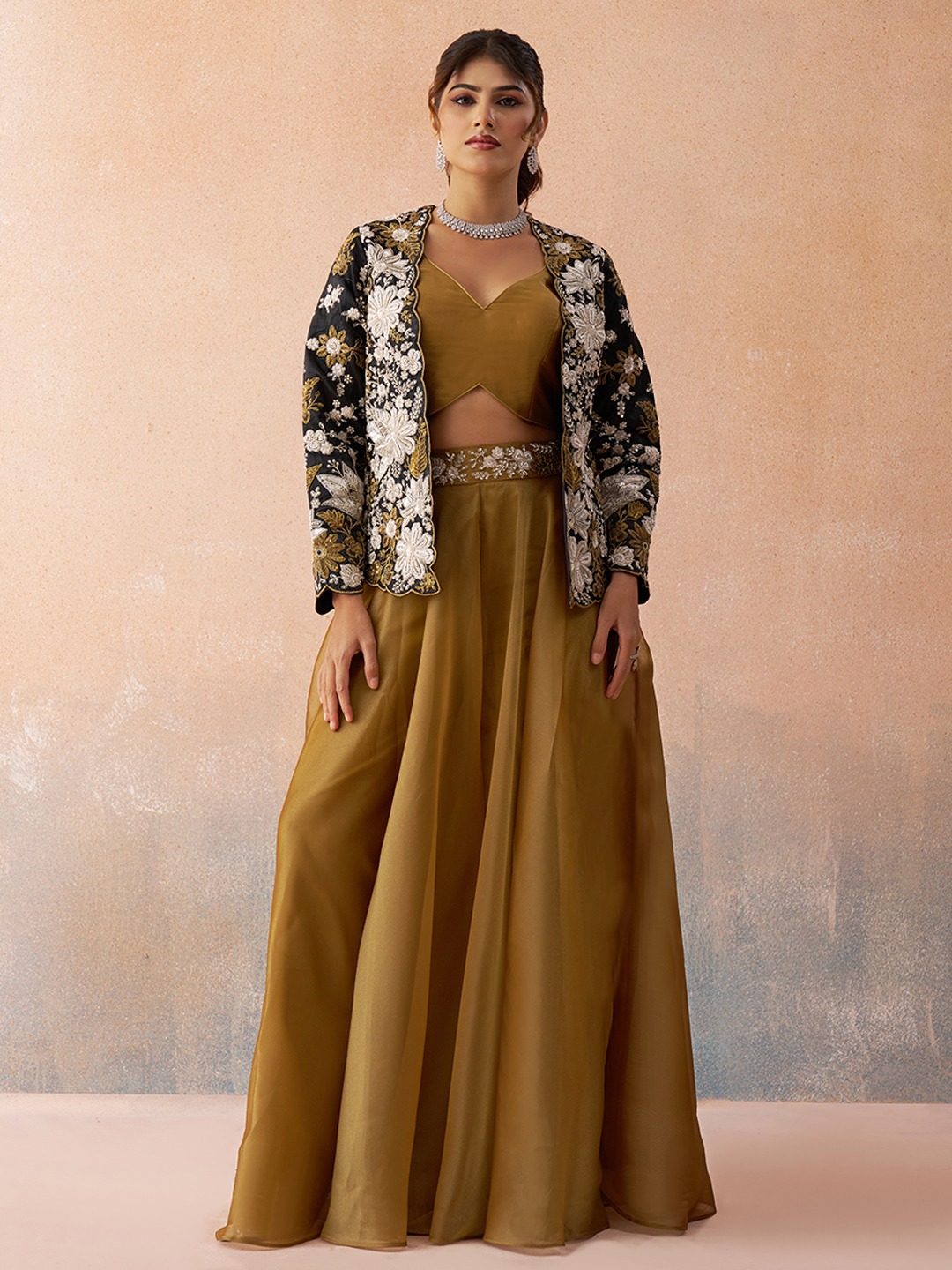Mustard Deep Layered Embroidered Tissue Indo Western Set