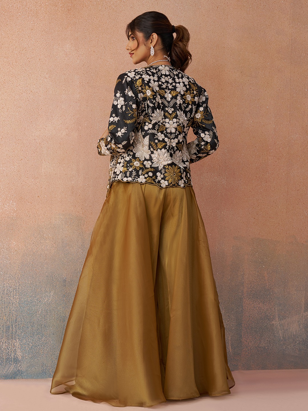 Mustard Deep Layered Embroidered Tissue Indo Western Set — alternate view