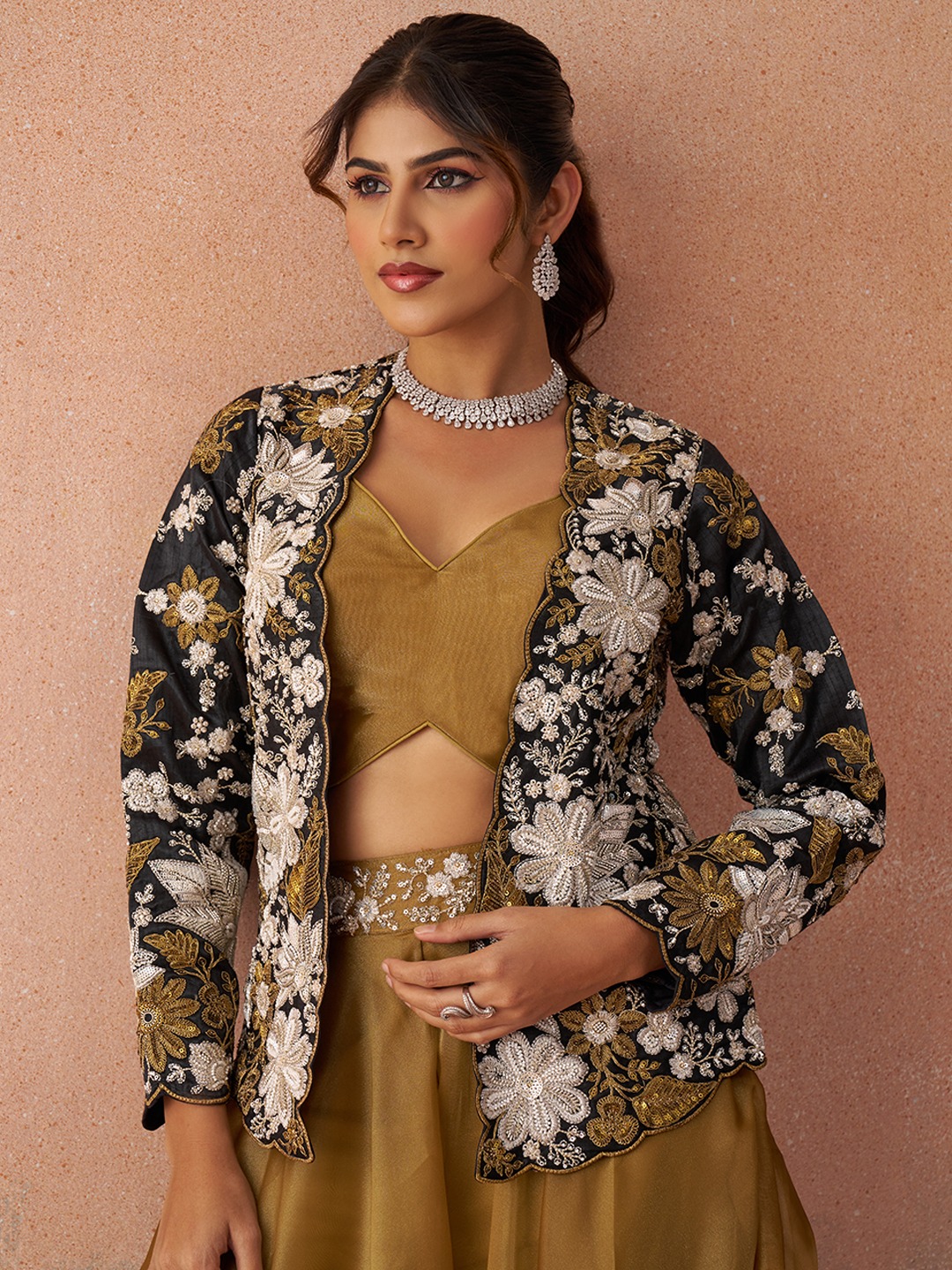Mustard Deep Layered Embroidered Tissue Indo Western Set
