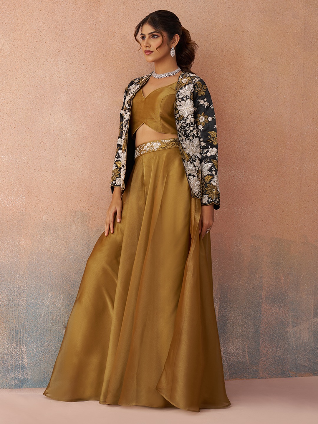 Mustard Deep Layered Embroidered Tissue Indo Western Set