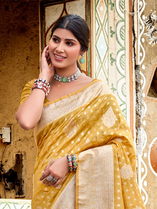 Mustard Designer Assam Silk Saree