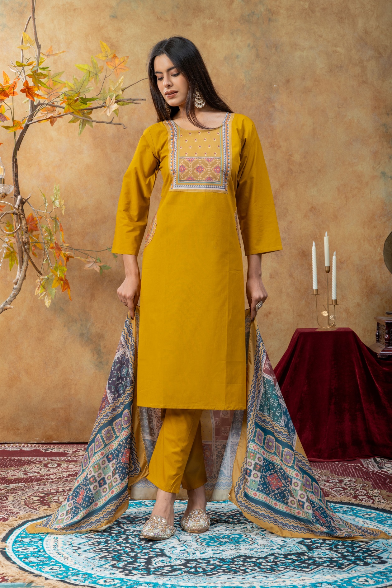 Mustard Designer Embroidery Dhabu Cotton Straight Suit