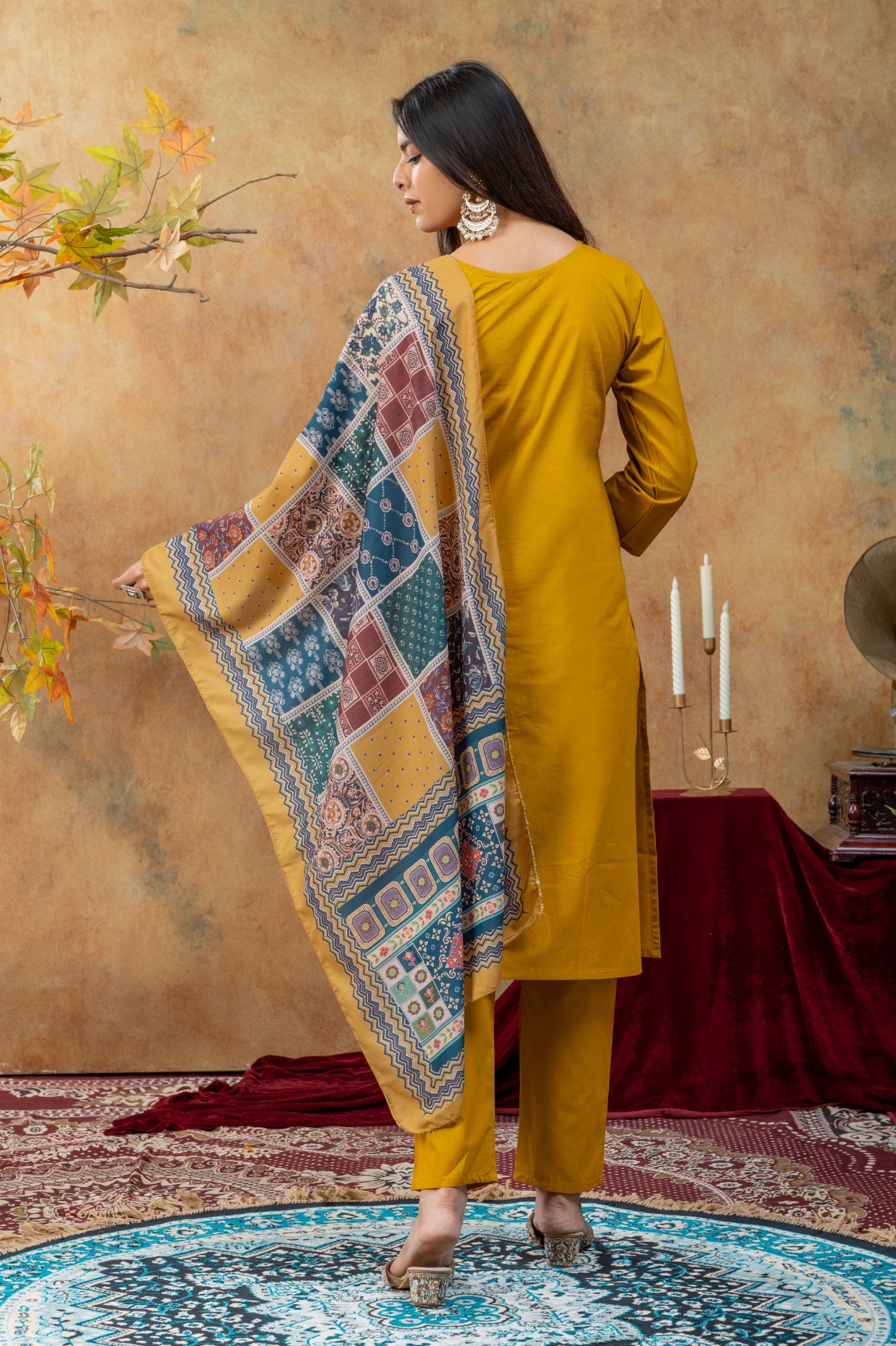 Mustard Designer Embroidery Dhabu Cotton Straight Suit — alternate view