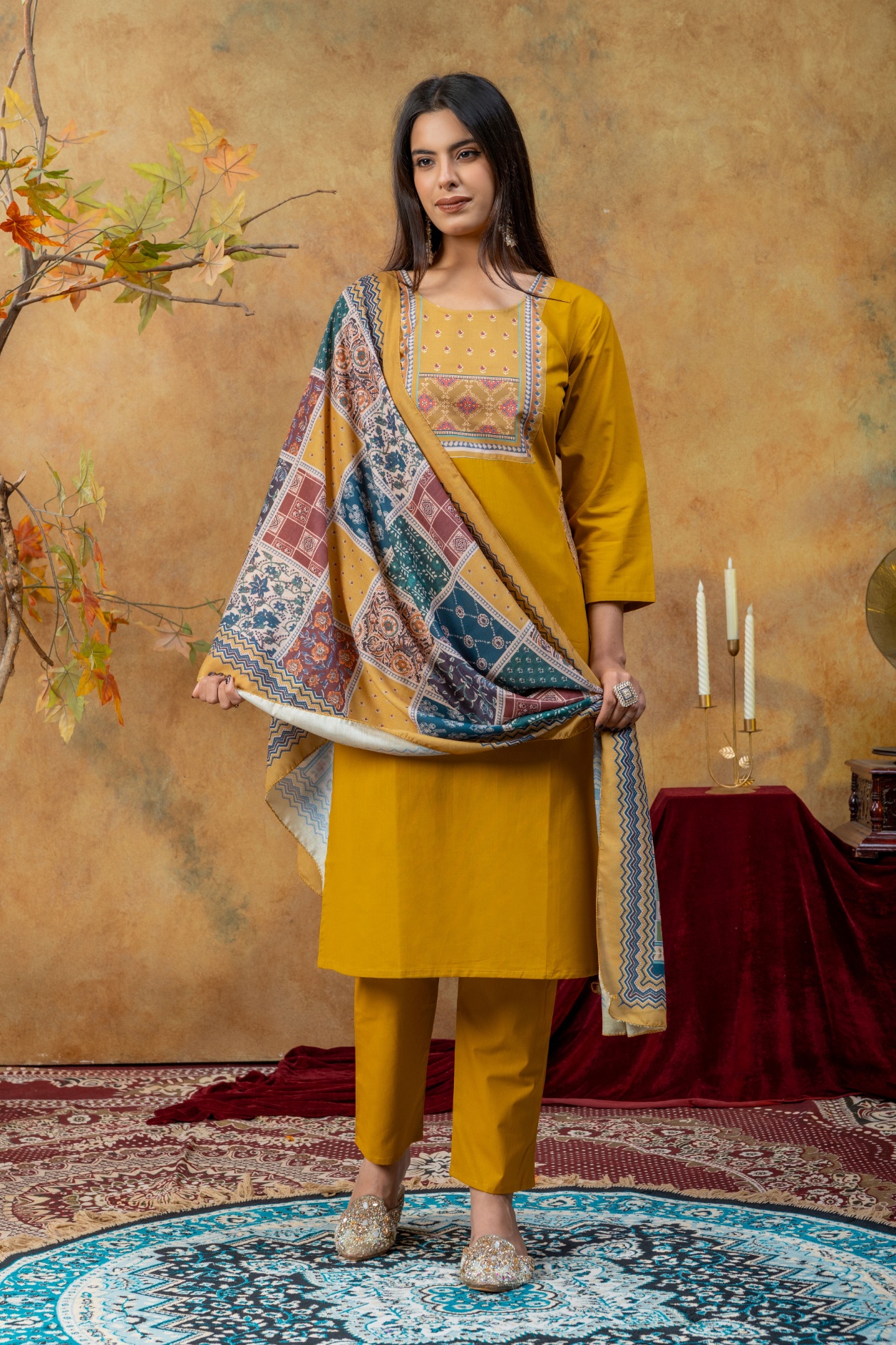Mustard Designer Embroidery Dhabu Cotton Straight Suit