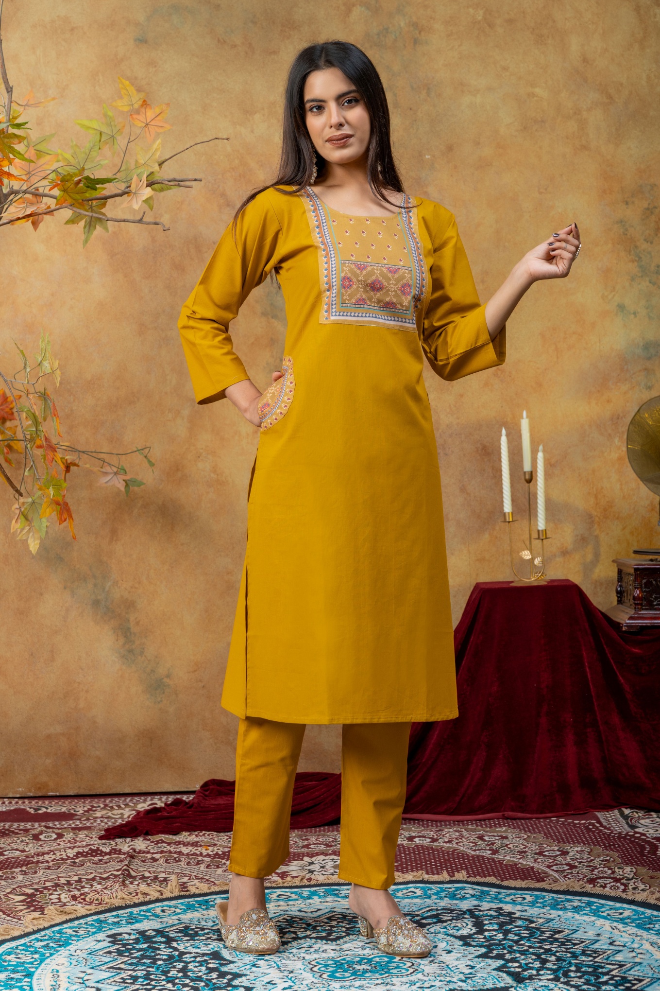 Mustard Designer Embroidery Dhabu Cotton Straight Suit