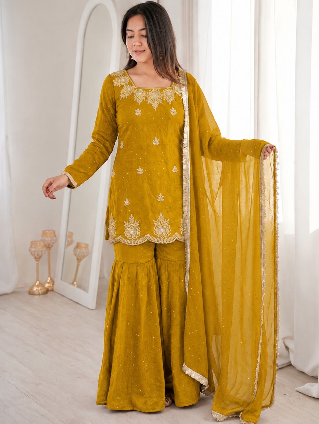 Mustard Designer Embroidery Work Fendy Sharara Suit