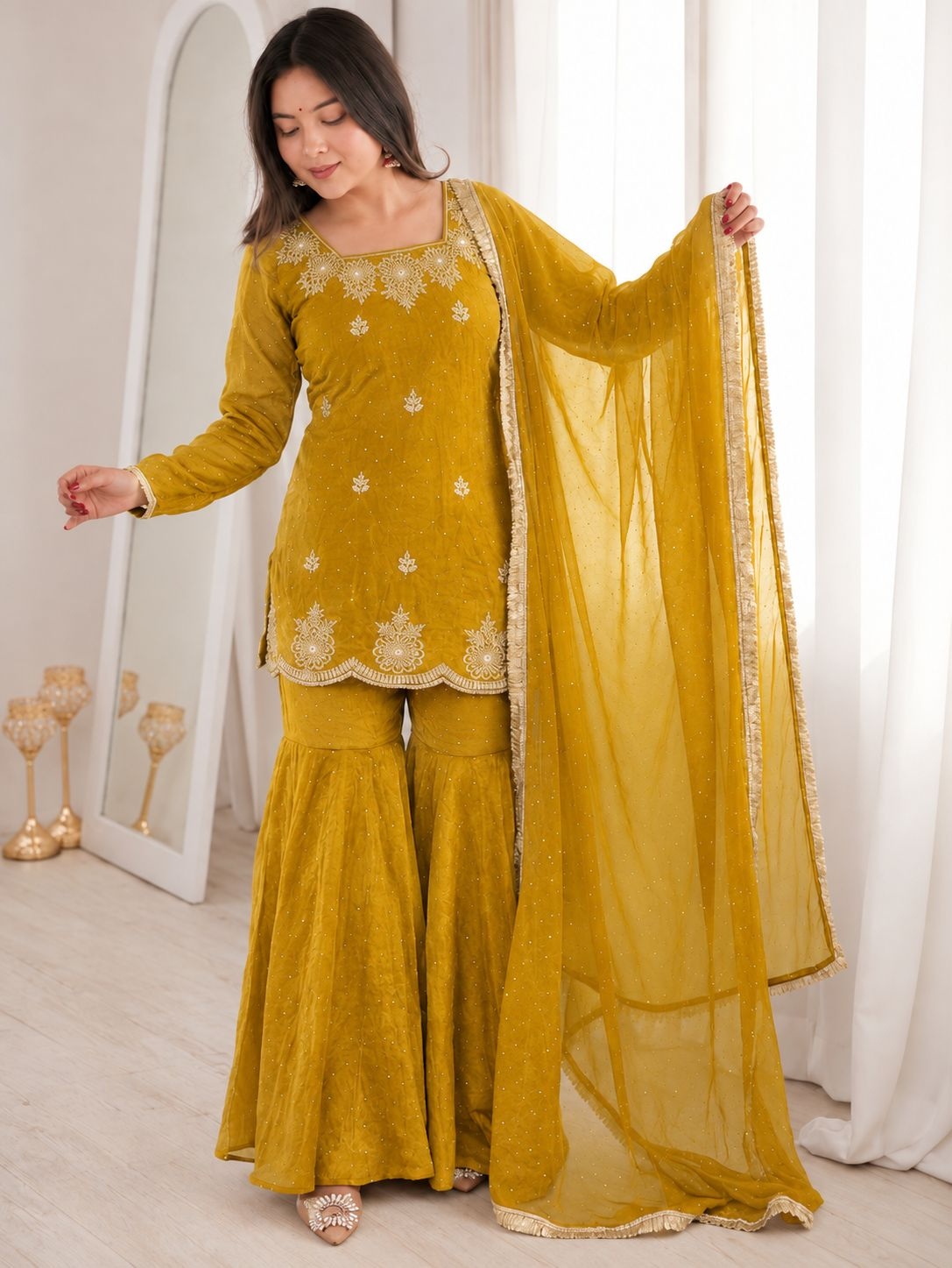 Mustard Designer Embroidery Work Fendy Sharara Suit — alternate view