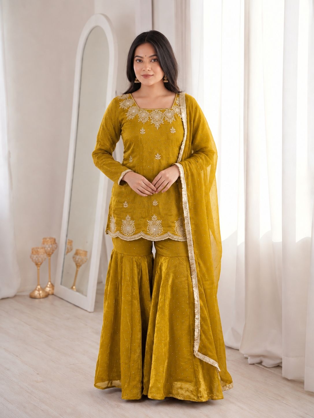 Mustard Designer Embroidery Work Fendy Sharara Suit