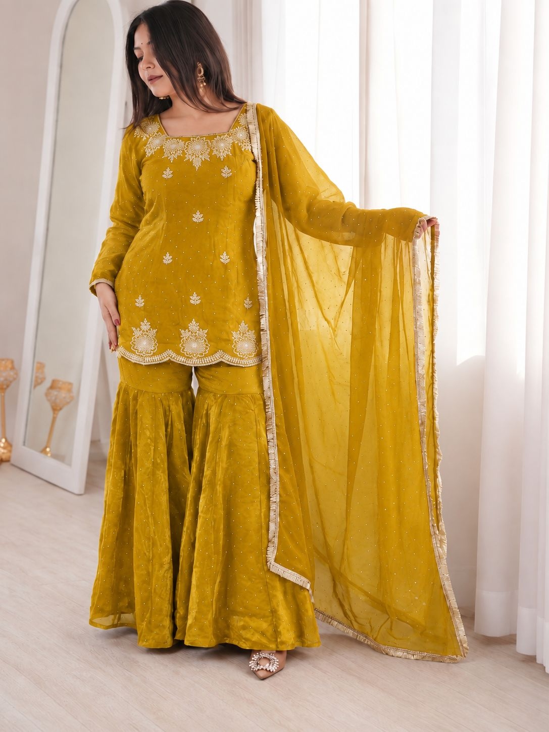 Mustard Designer Embroidery Work Fendy Sharara Suit