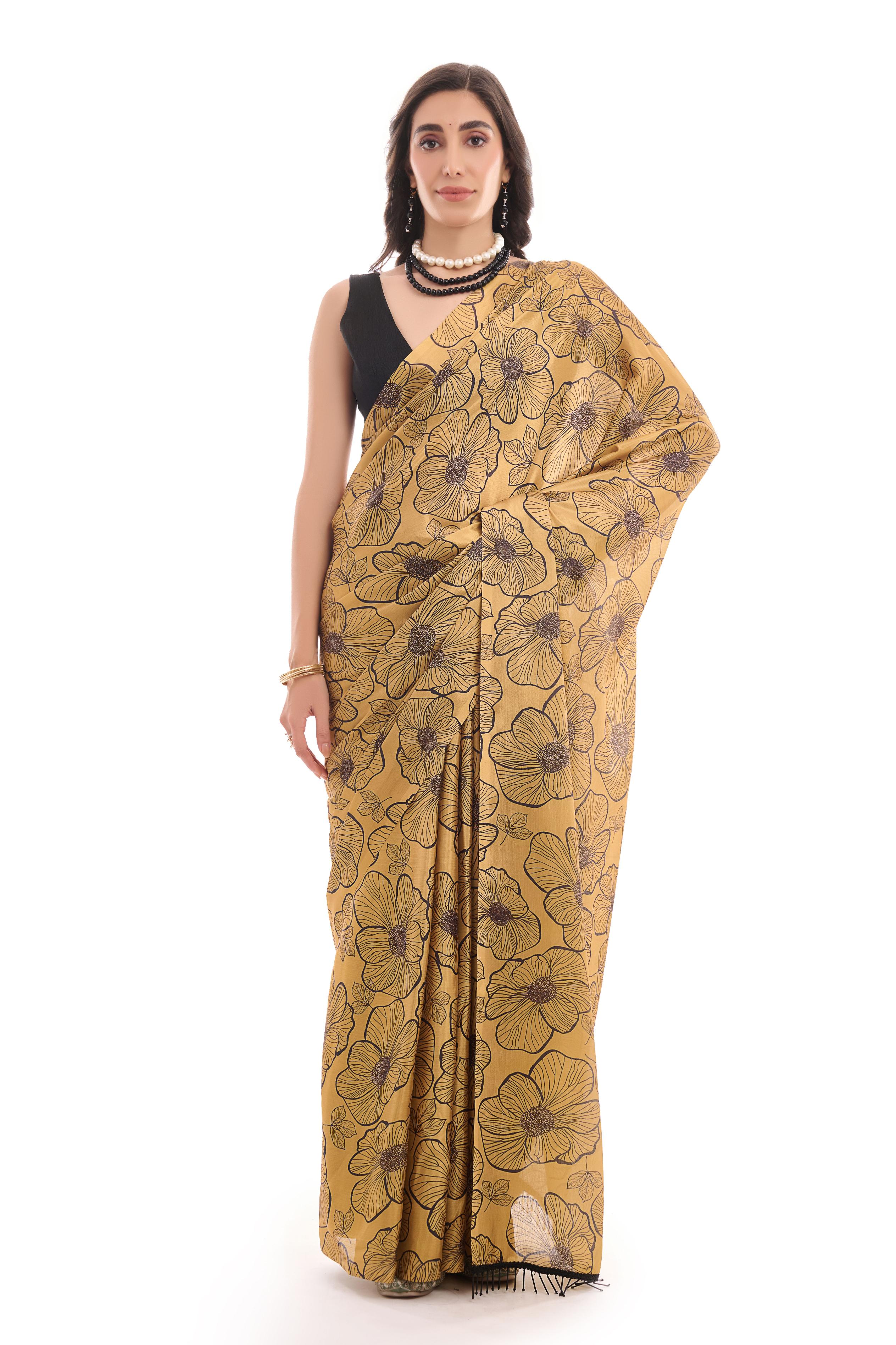 Mustard Digital Printed Chinon Ready To Wear Saree