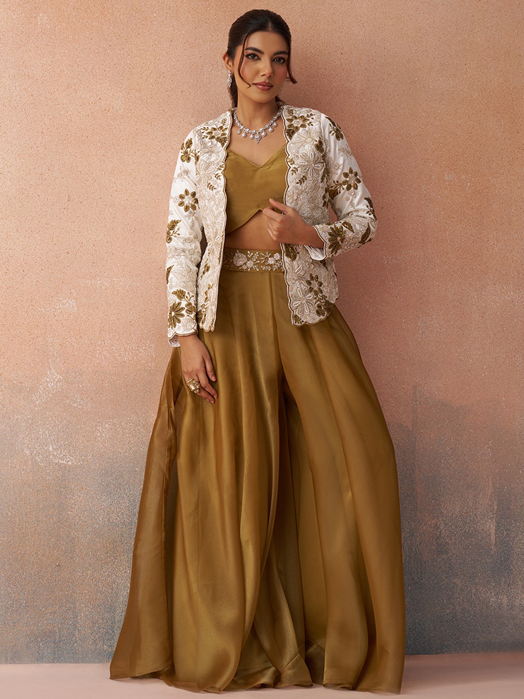 Mustard Elegant Layered Embroidered Tissue Indo Western Set
