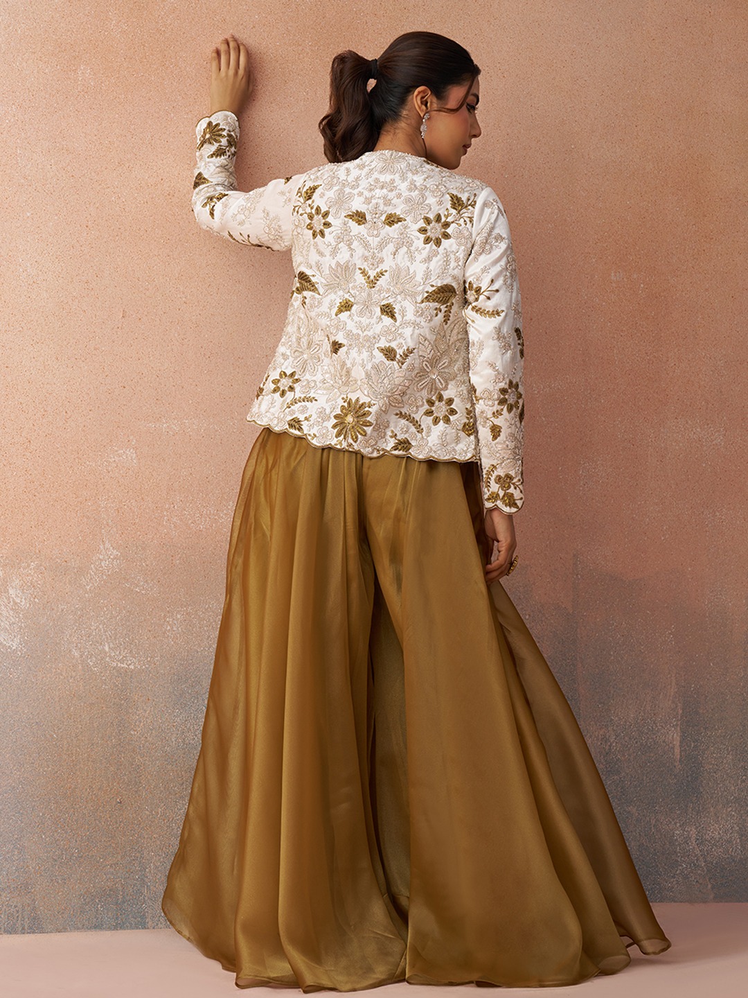 Mustard Elegant Layered Embroidered Tissue Indo Western Set — alternate view