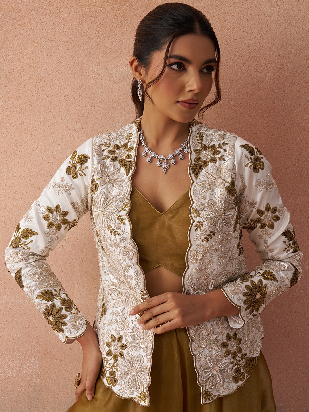Mustard Elegant Layered Embroidered Tissue Indo Western Set