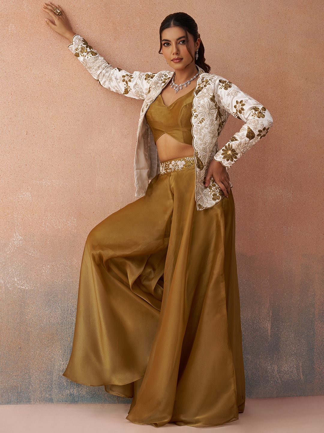 Mustard Elegant Layered Embroidered Tissue Indo Western Set